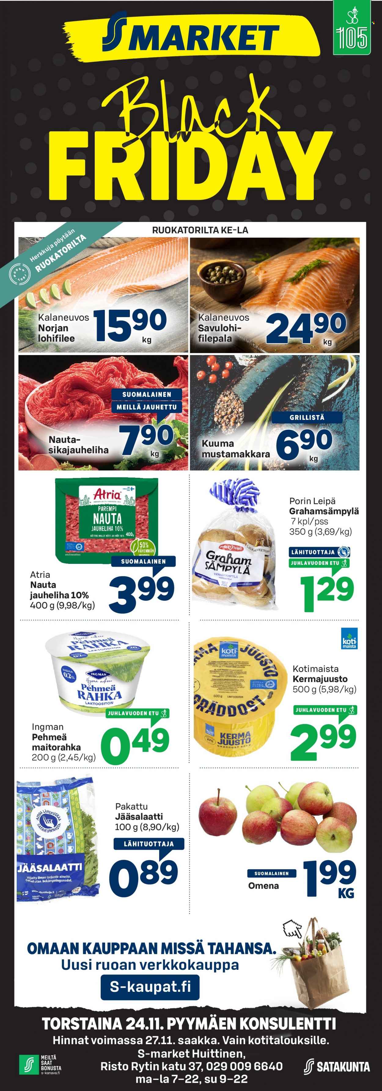 thumbnail - S-market tarjoukset  - 25.11.2022 - 27.11.2022 - Tarjoustuotteet - jauheliha, lohifilee, Atria, mustamakkara, kermajuusto, juusto. Sivu 1.