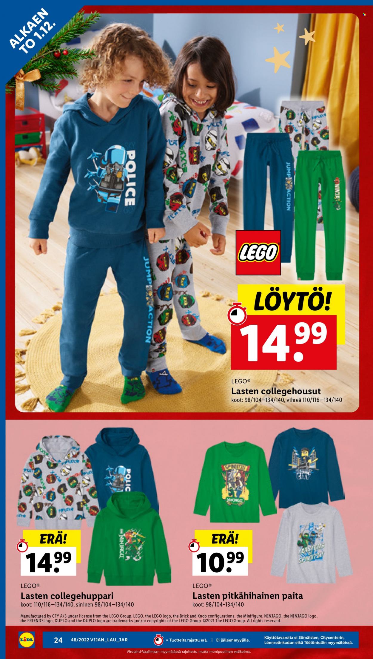 thumbnail - Lidl tarjoukset  - 01.12.2022 - 07.12.2022 - Tarjoustuotteet - collegehousut, paita, pitkähihainen paita, LEGO. Sivu 24.