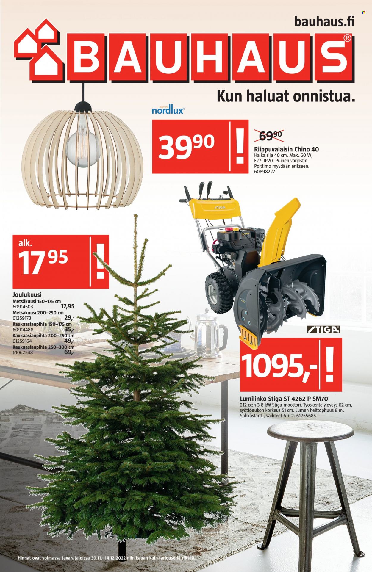 thumbnail - Bauhaus tarjoukset  - 30.11.2022 - 14.12.2022 - Tarjoustuotteet - Nordlux, joulukuusi, riippuvalaisin, Stiga. Sivu 1.