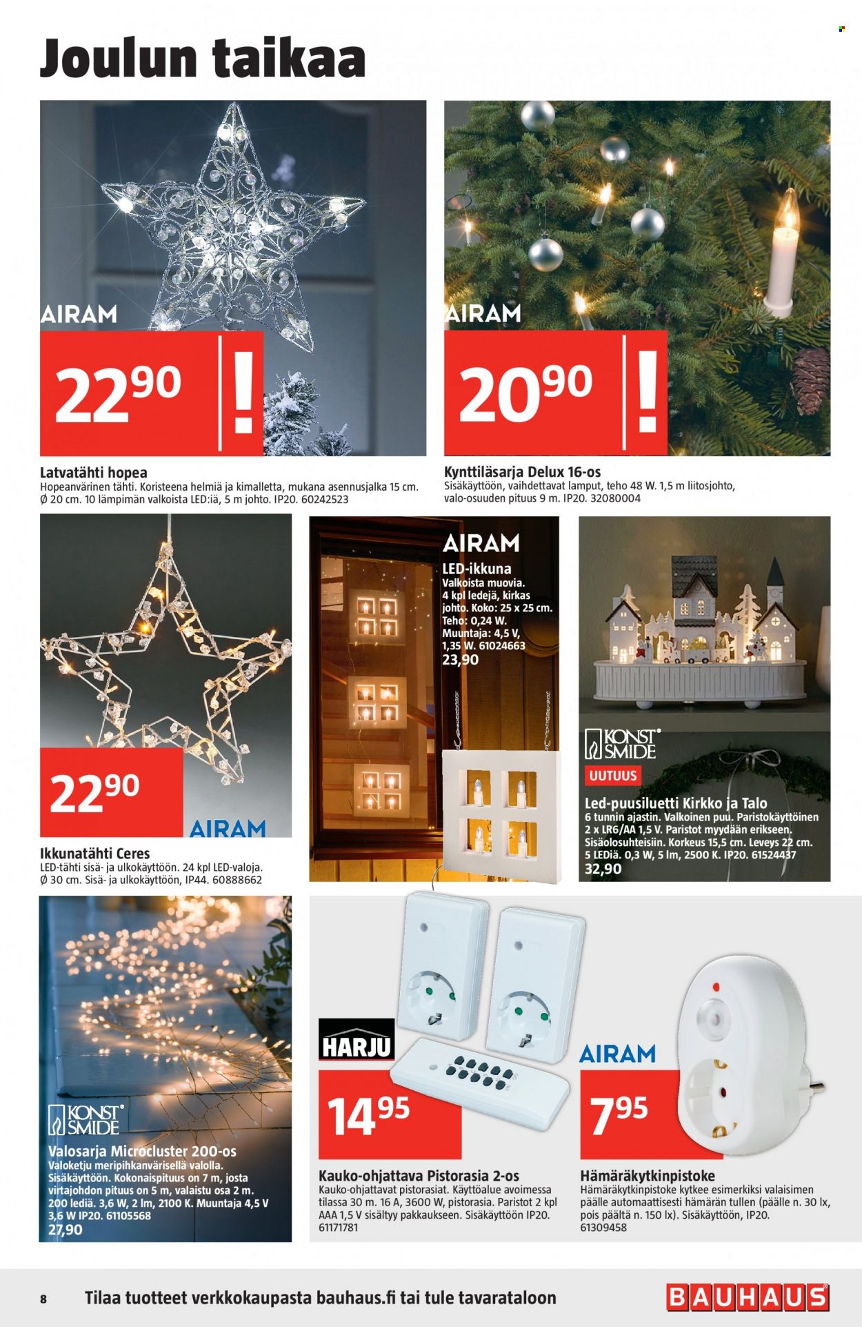 thumbnail - Bauhaus tarjoukset  - 30.11.2022 - 14.12.2022 - Tarjoustuotteet - lamppu, paristo, valosarja, valoketju, pistorasia. Sivu 8.