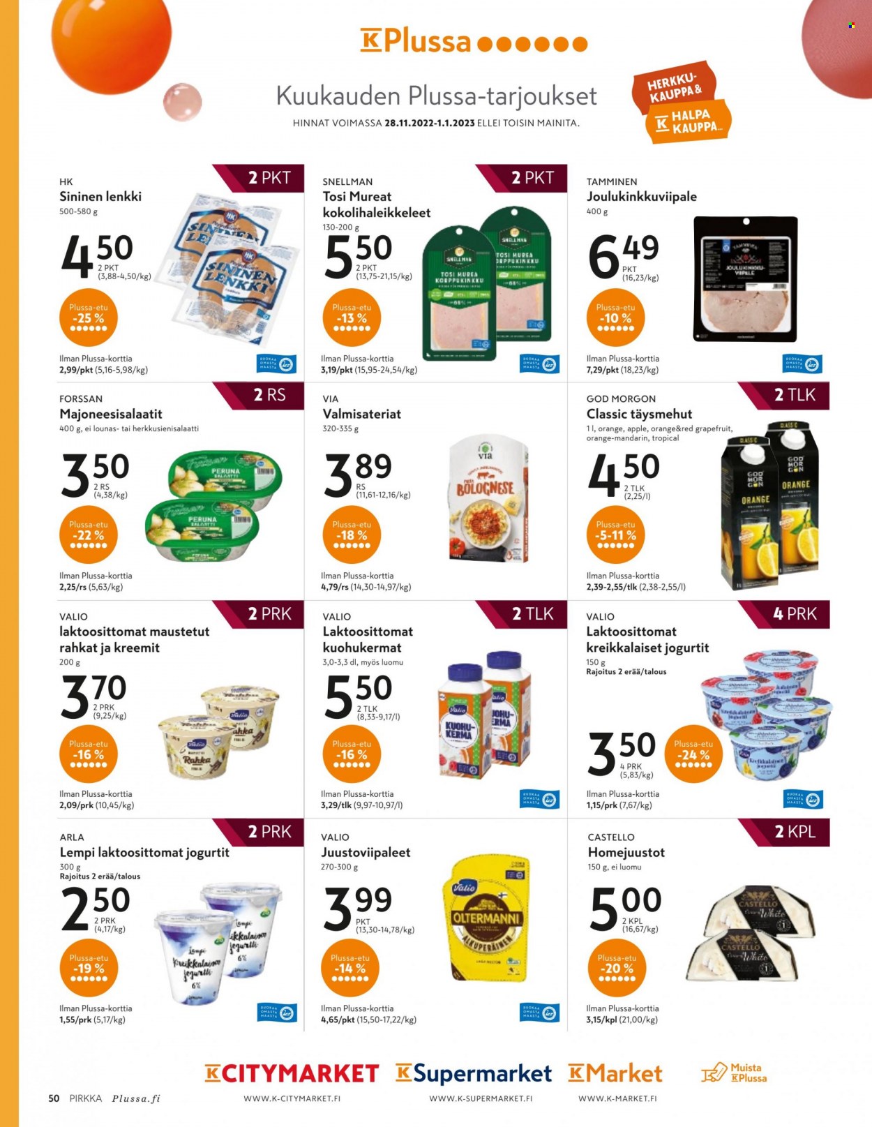 thumbnail - K-market tarjoukset  - 30.11.2022 - 31.12.2022 - Tarjoustuotteet - perunat, Arla, jogurtit, kuohukerma. Sivu 50.