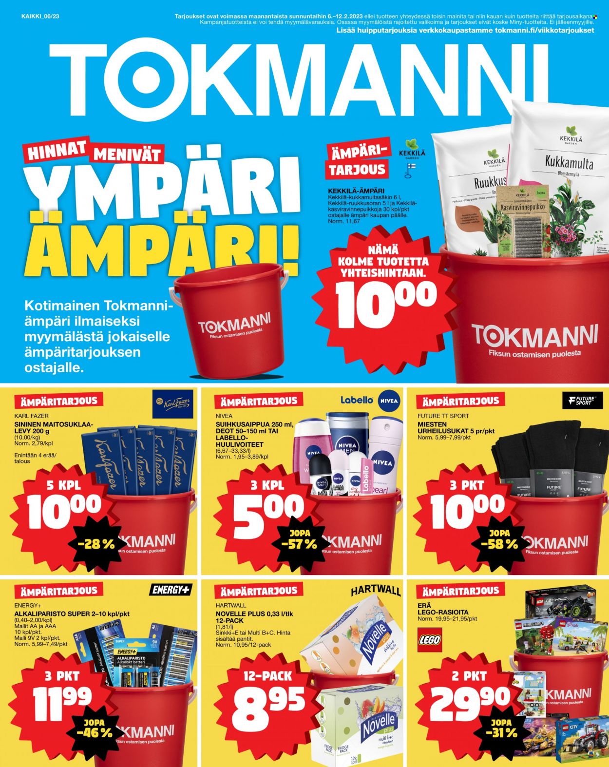 thumbnail - Tokmanni tarjoukset  - 06.02.2023 - 12.02.2023 - Tarjoustuotteet - Nivea, Karl Fazer, maitosuklaalevy, suihkusaippua, Energy+, Future TT Sport, LEGO, tt. Sivu 1.