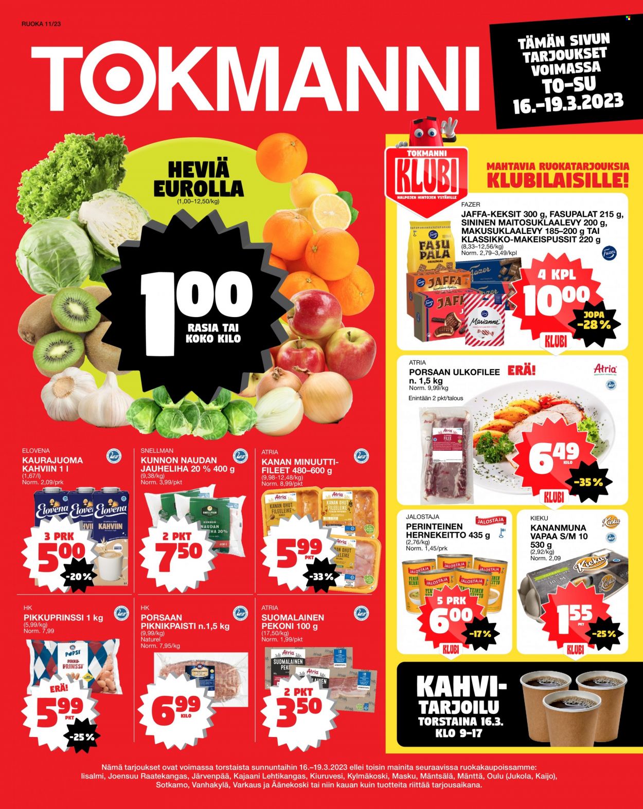 Tokmanni tarjoukset  - 16.03.2023 - 19.03.2023 - Tarjoustuotteet - kanan, naudan, naudan jauheliha, ulkofilee, jauheliha, porsaan ulkofilee, Atria, kaurakananmunia, keksit, Karl Fazer, maitosuklaalevy, Jaffa, rasia. Sivu 1.