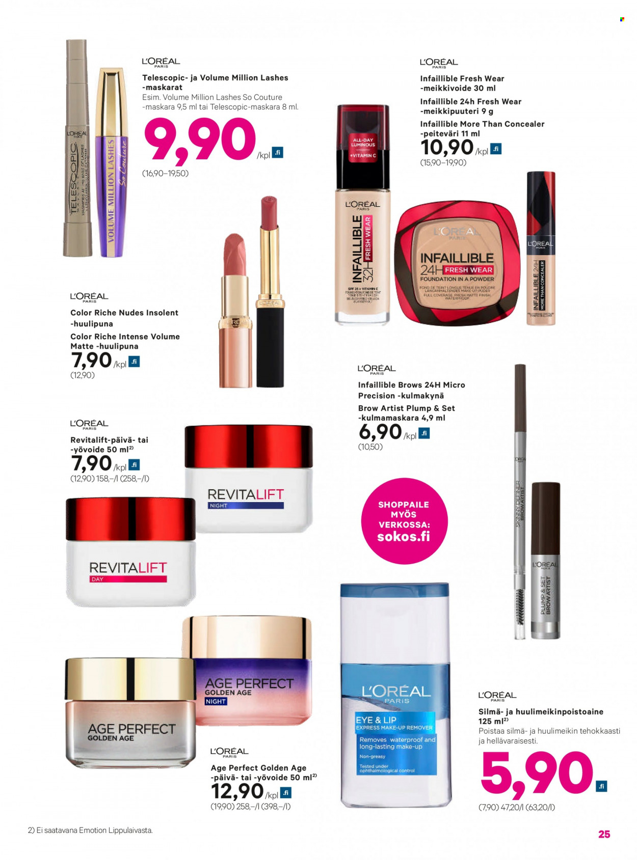 thumbnail - Sokos tarjoukset  - 29.03.2023 - 02.04.2023 - Tarjoustuotteet - L'Oréal, yövoide, huulipuna, makeup, meikkivoide, ripsiväri. Sivu 25.