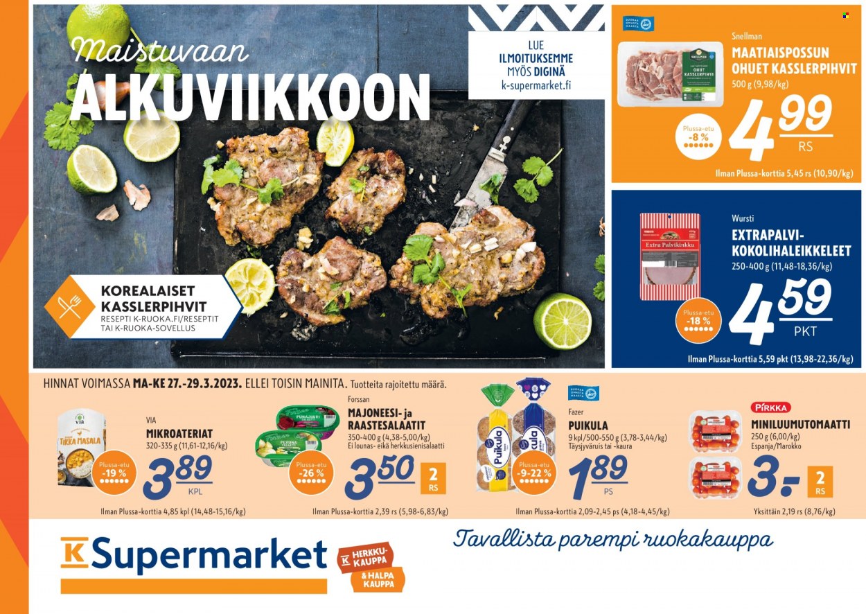thumbnail - K-Supermarket tarjoukset  - 27.03.2023 - 29.03.2023 - Tarjoustuotteet - majoneesi, Karl Fazer. Sivu 1.