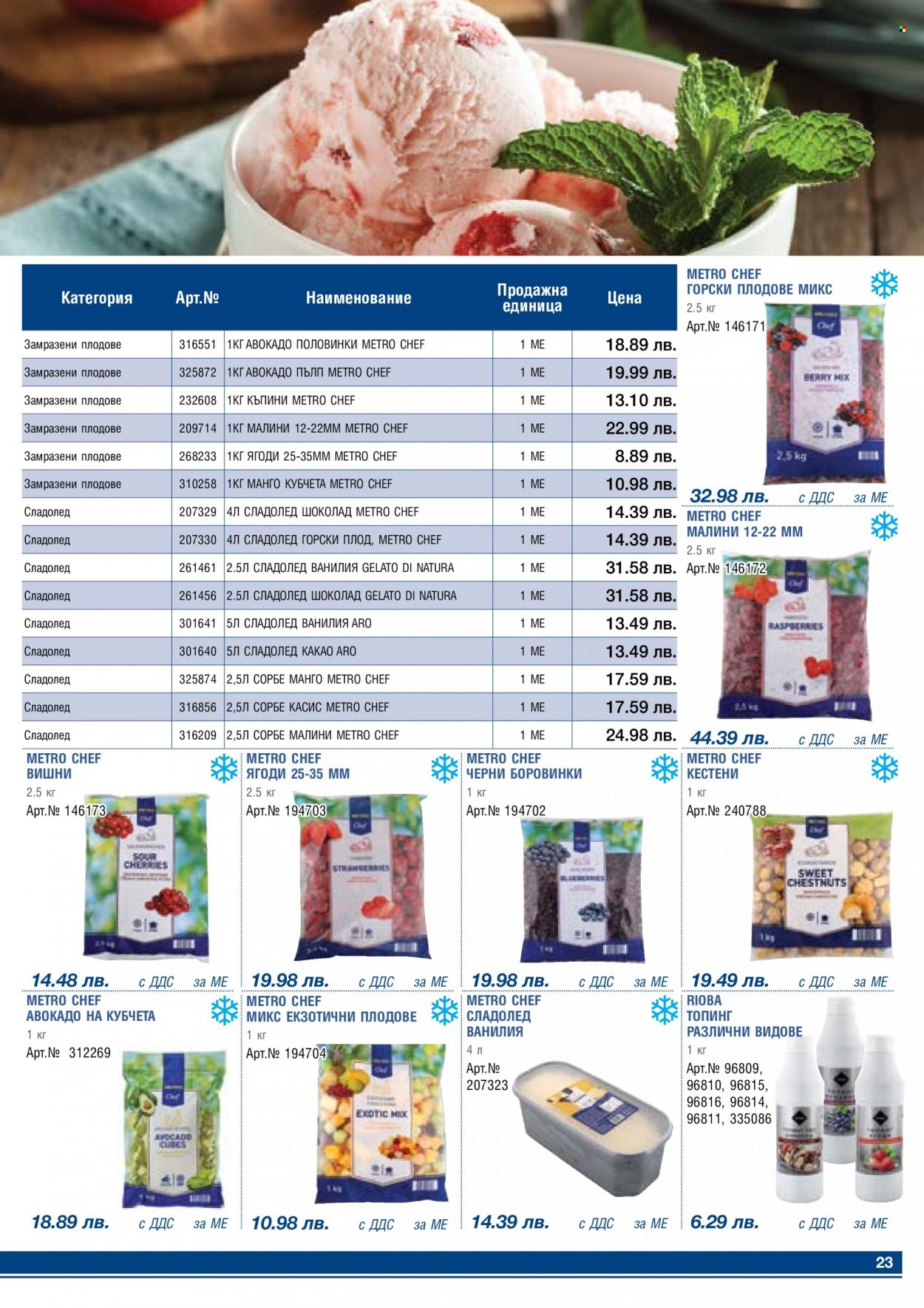 thumbnail - Брошура на МЕТРО - 01.03.2023 - 31.03.2023 - Продавани продукти - авокадо, боровинки, сладолед, замразени плодове. Страница 23.