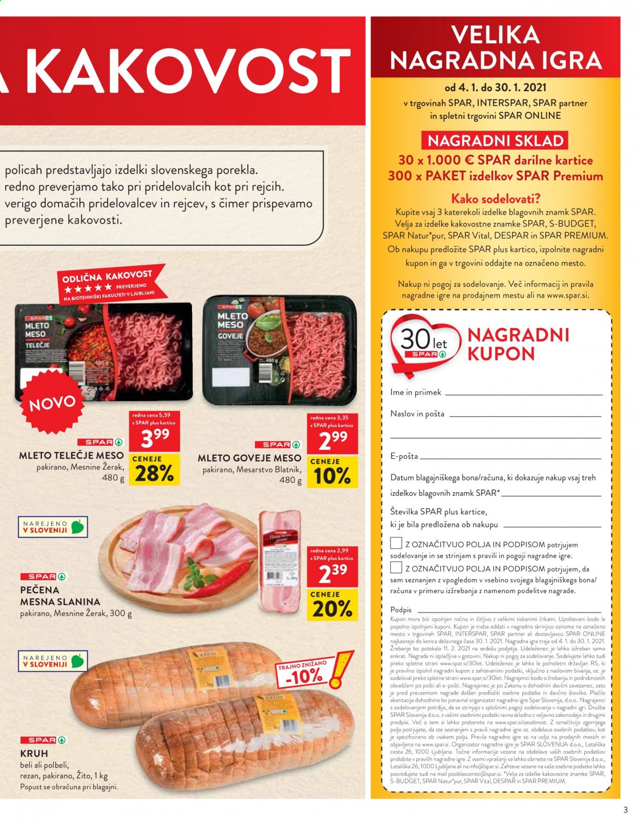 thumbnail - SPAR katalog - 13.1.2021 - 26.1.2021 - Ponudba izdelkov - goveje meso, kruh, pečena mesna slanina, slanina. Stran 3.