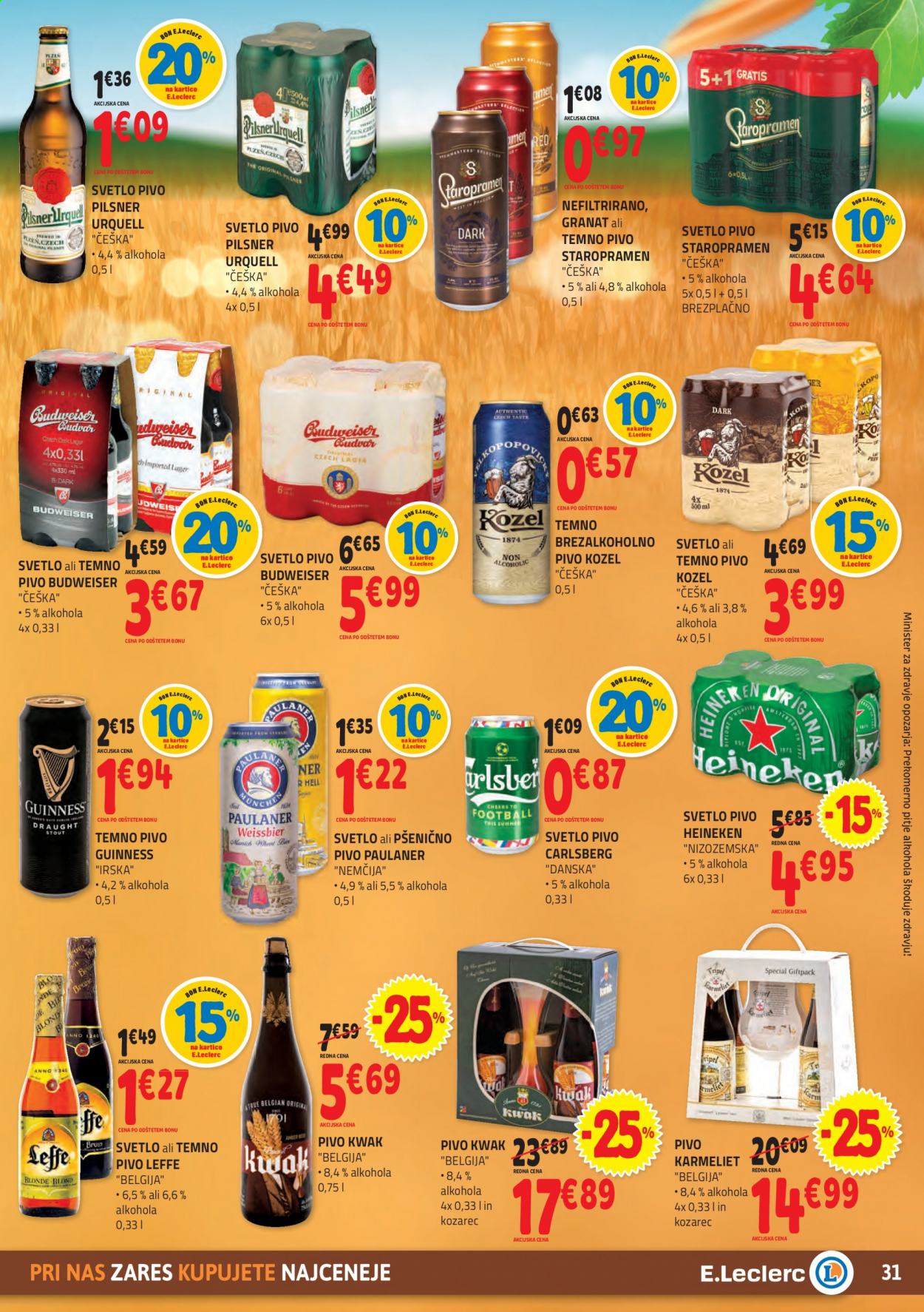 thumbnail - E.Leclerc katalog - 13.1.2021 - 23.1.2021 - Ponudba izdelkov - brezalkoholno pivo, Heineken, Kozel, Pilsner Urquell, Staropramen, svetlo pivo, temno pivo, pivo. Stran 31.