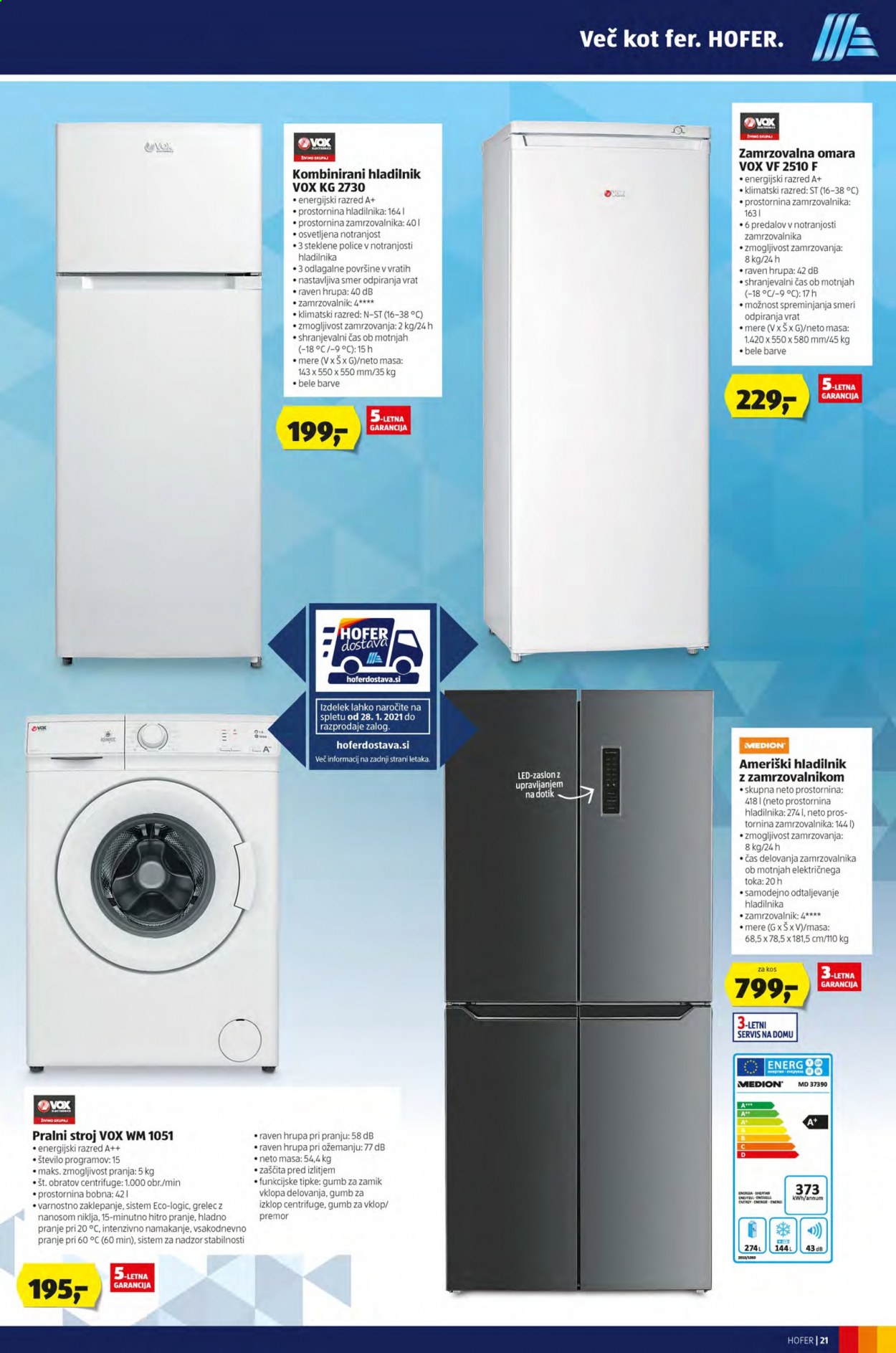 thumbnail - Hofer katalog - 22.1.2021 - 30.1.2021 - Ponudba izdelkov - ameriški hladilnik, hladilnik z zamrzovalnikom, zamrzovalna omara, hladilnik, pralni stroj. Stran 21.