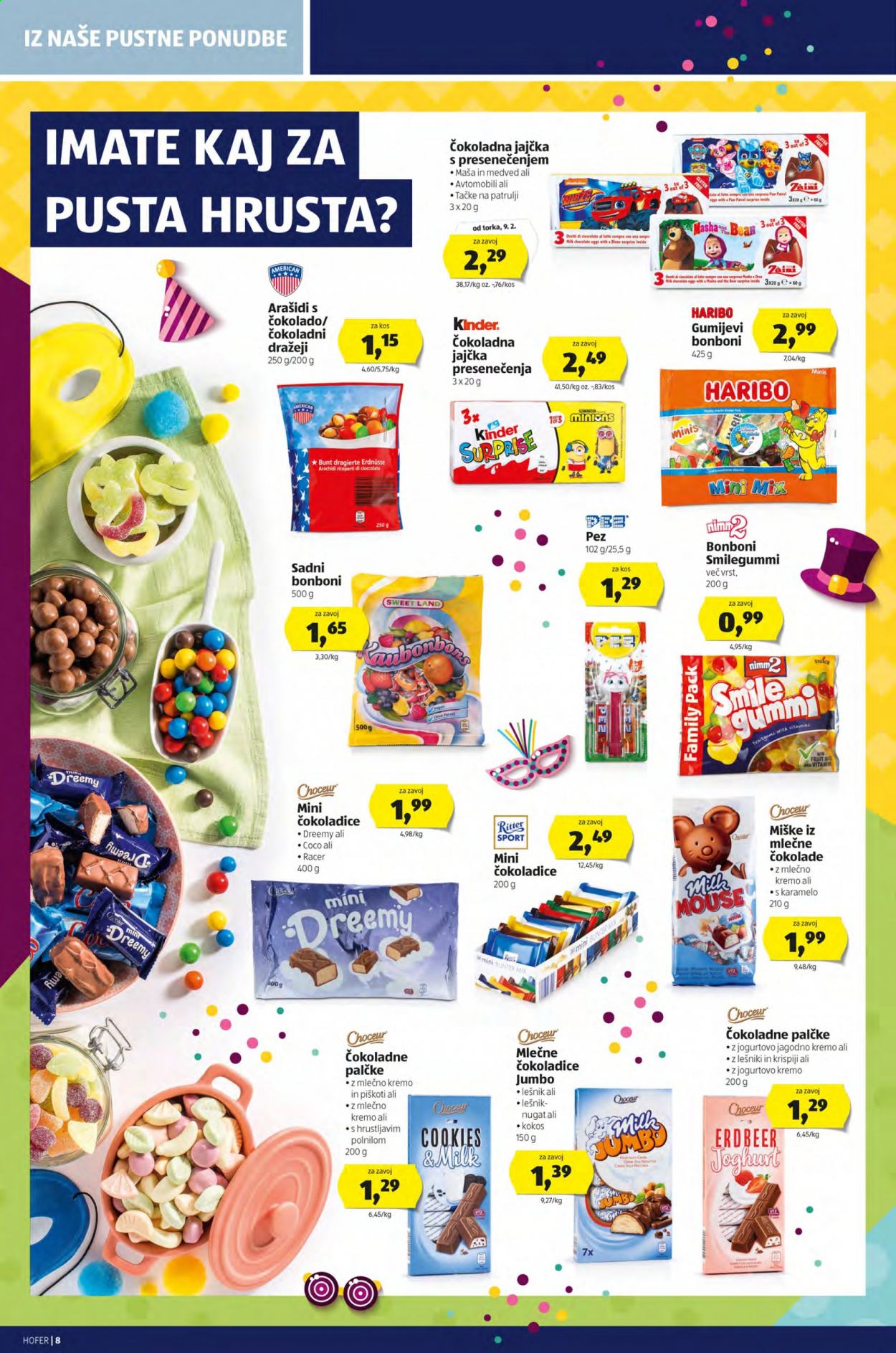 thumbnail - Hofer katalog - 5.2.2021 - 13.2.2021 - Ponudba izdelkov - bonboni, Haribo, Kinder Surprise, piškoti, sadni bonboni, arašidi. Stran 8.