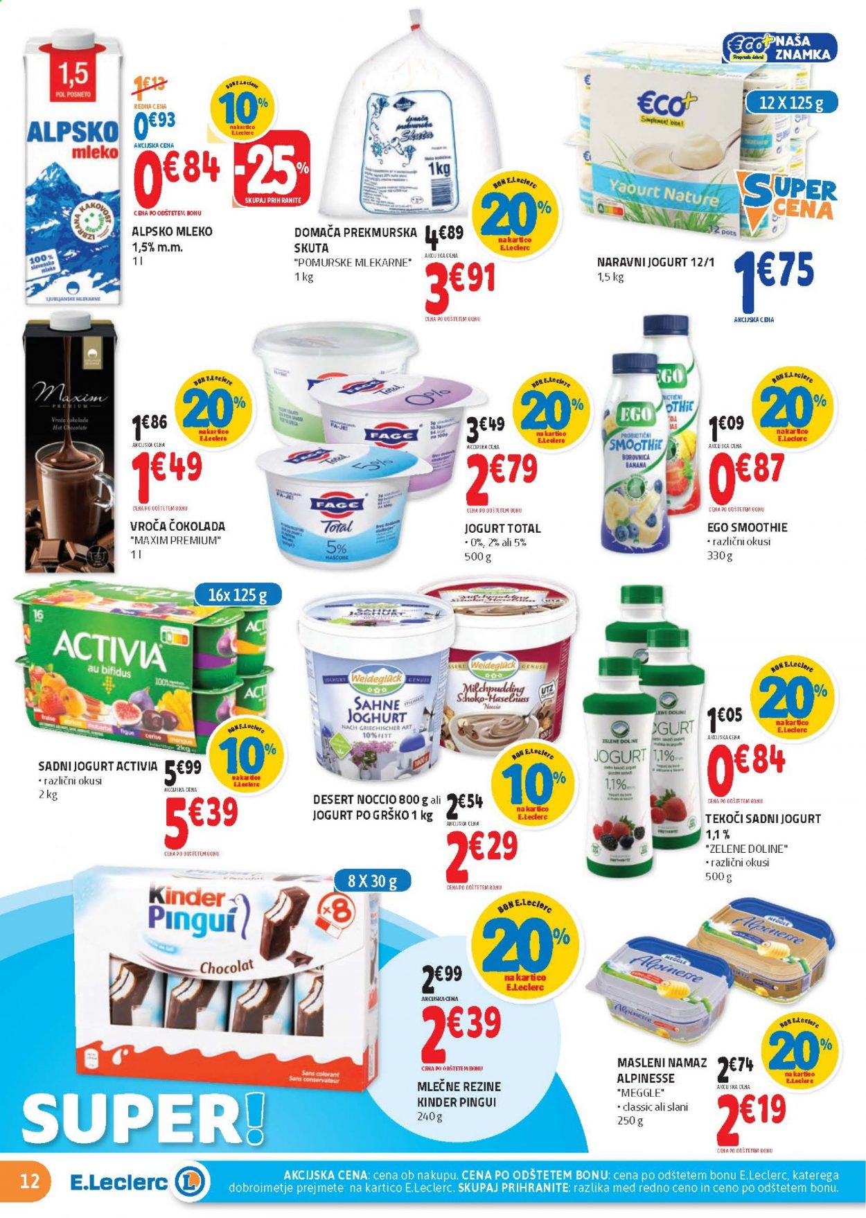 thumbnail - E.Leclerc katalog - 10.2.2021 - 20.2.2021 - Ponudba izdelkov - namaz, Meggle, Pomurske mlekarne, skuta, Activia, Fage, sadni jogurt, Alpsko mleko, mleko, čokolada. Stran 12.