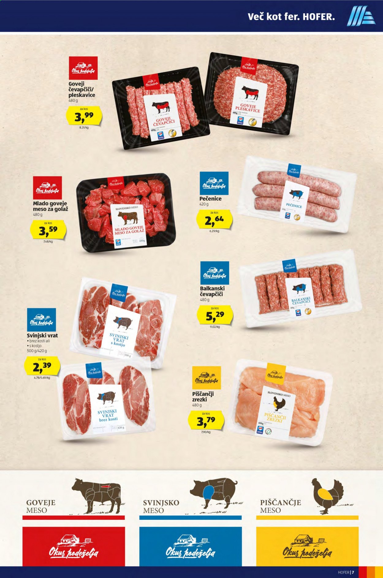 thumbnail - Hofer katalog - 19.2.2021 - 27.2.2021 - Ponudba izdelkov - piščančje meso, goveje meso, mlado goveje meso, goveje meso za golaž, čevapčiči, pleskavice, svinjski vrat, svinjski vrat s kostjo, svinjsko meso. Stran 7.
