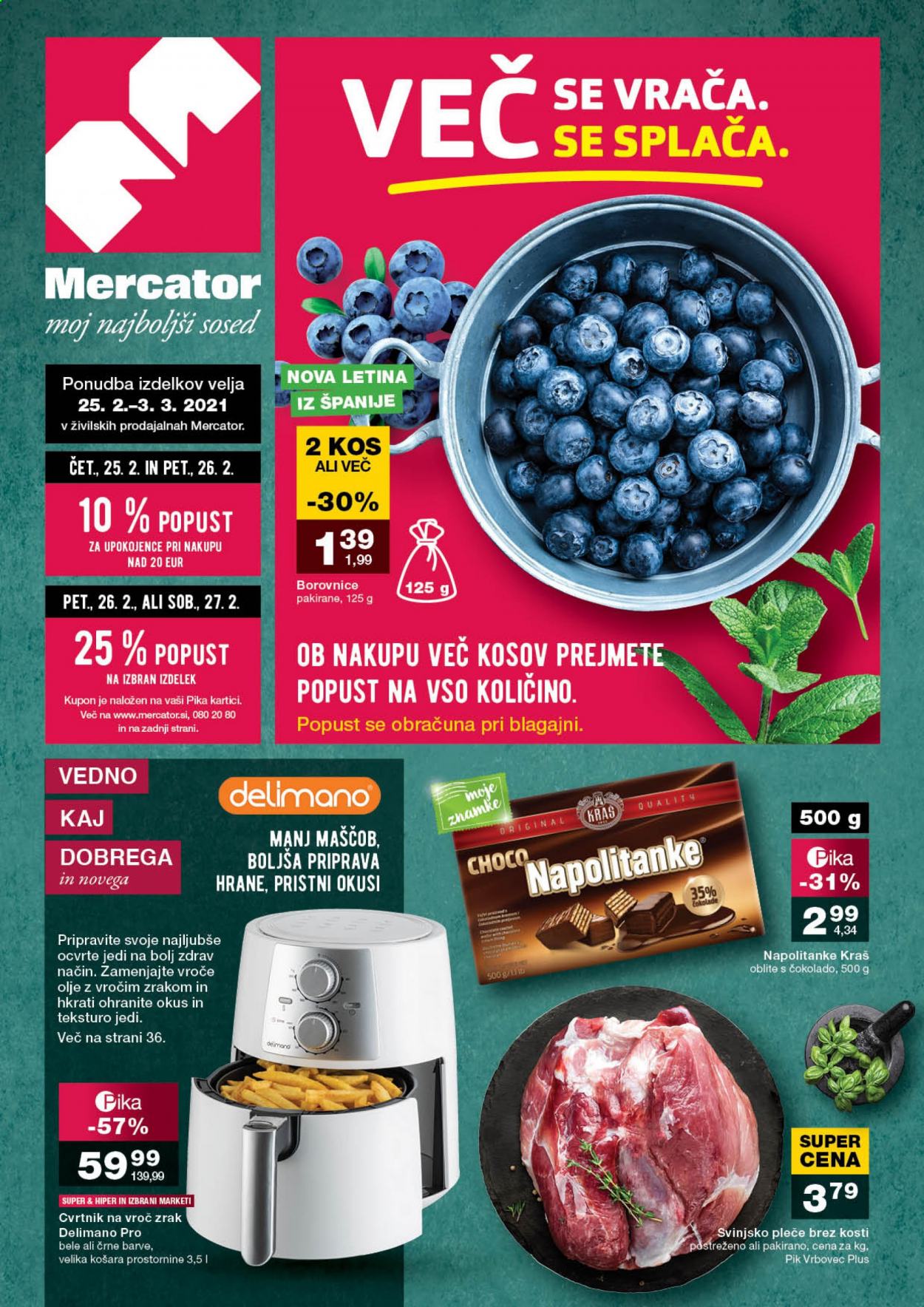 thumbnail - Mercator katalog - 25.2.2021 - 3.3.2021 - Ponudba izdelkov - pleče, svinjsko pleče, svinjsko meso, borovnice, napolitanke, olje, košara. Stran 1.