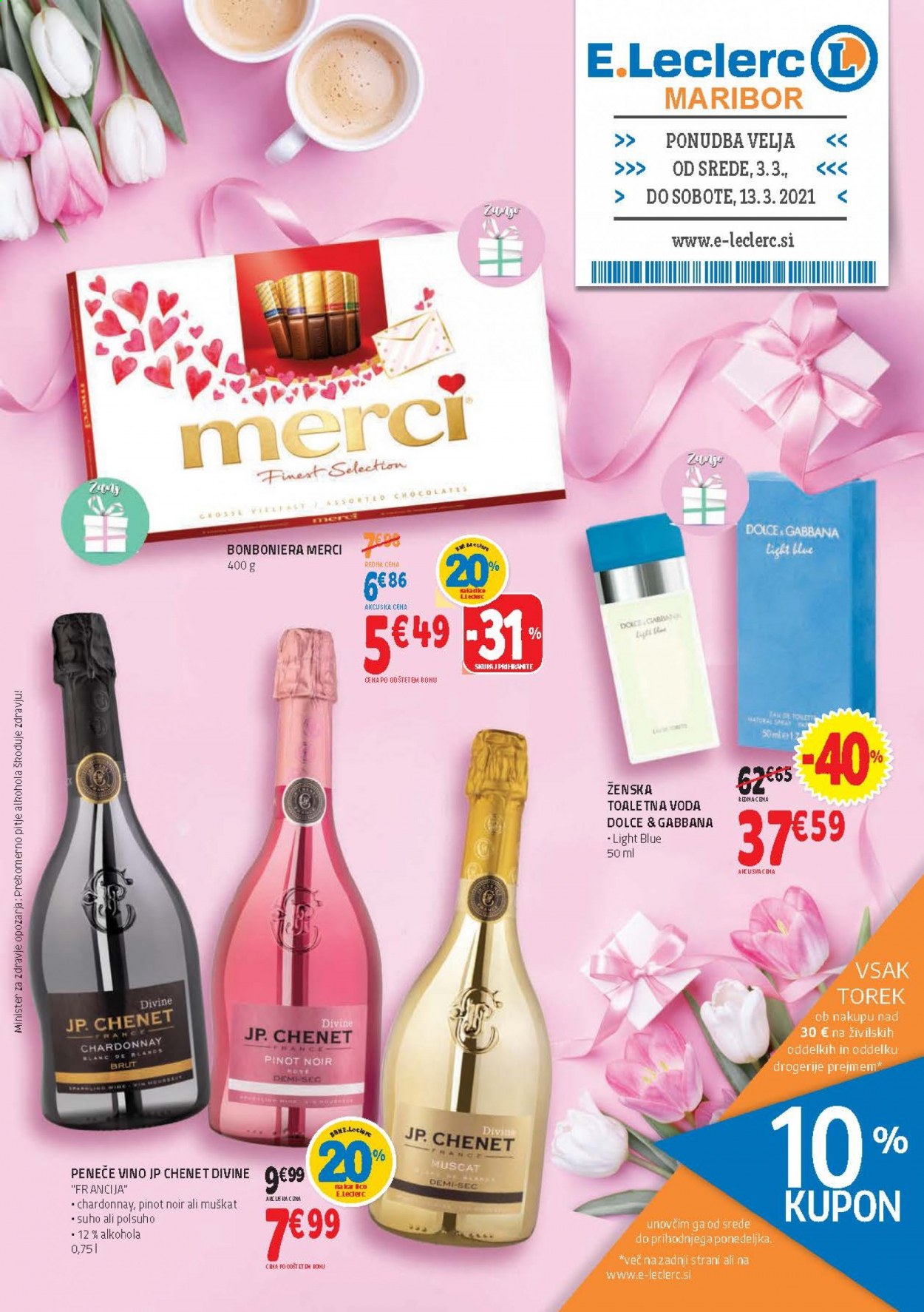 thumbnail - E.Leclerc katalog - 3.3.2021 - 13.3.2021 - Ponudba izdelkov - Chardonnay, Muškat, pinot, vino, Dolce & Gabbana. Stran 1.