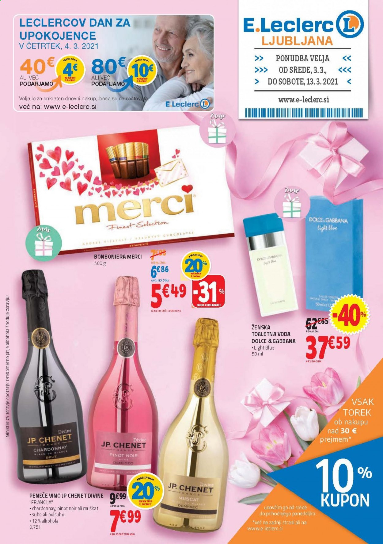 thumbnail - E.Leclerc katalog - 3.3.2021 - 13.3.2021 - Ponudba izdelkov - Chardonnay, Muškat, pinot, vino, Dolce & Gabbana. Stran 1.