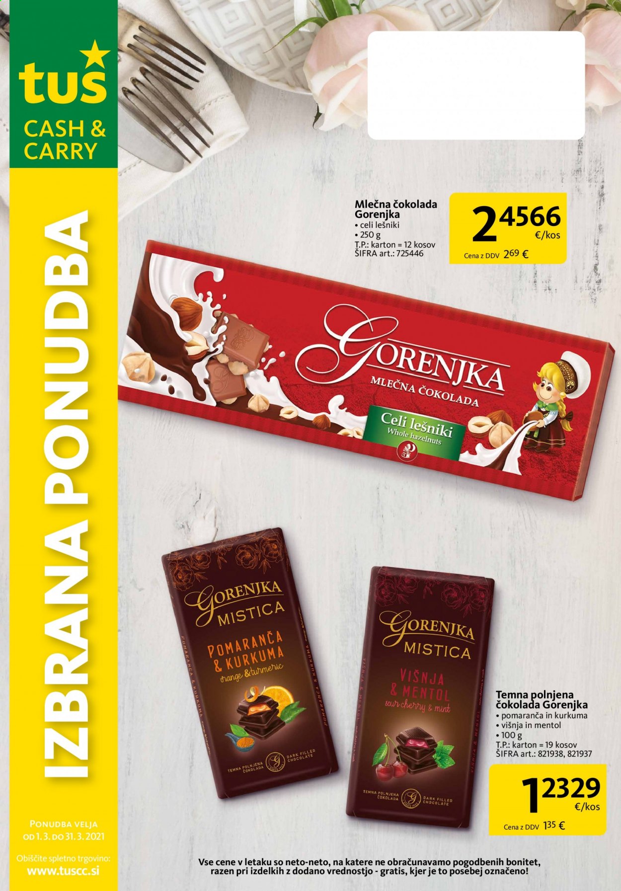 thumbnail - Tuš Cash & Carry katalog - 1.3.2021 - 31.3.2021 - Ponudba izdelkov - čokolada, mlečna čokolada. Stran 1.