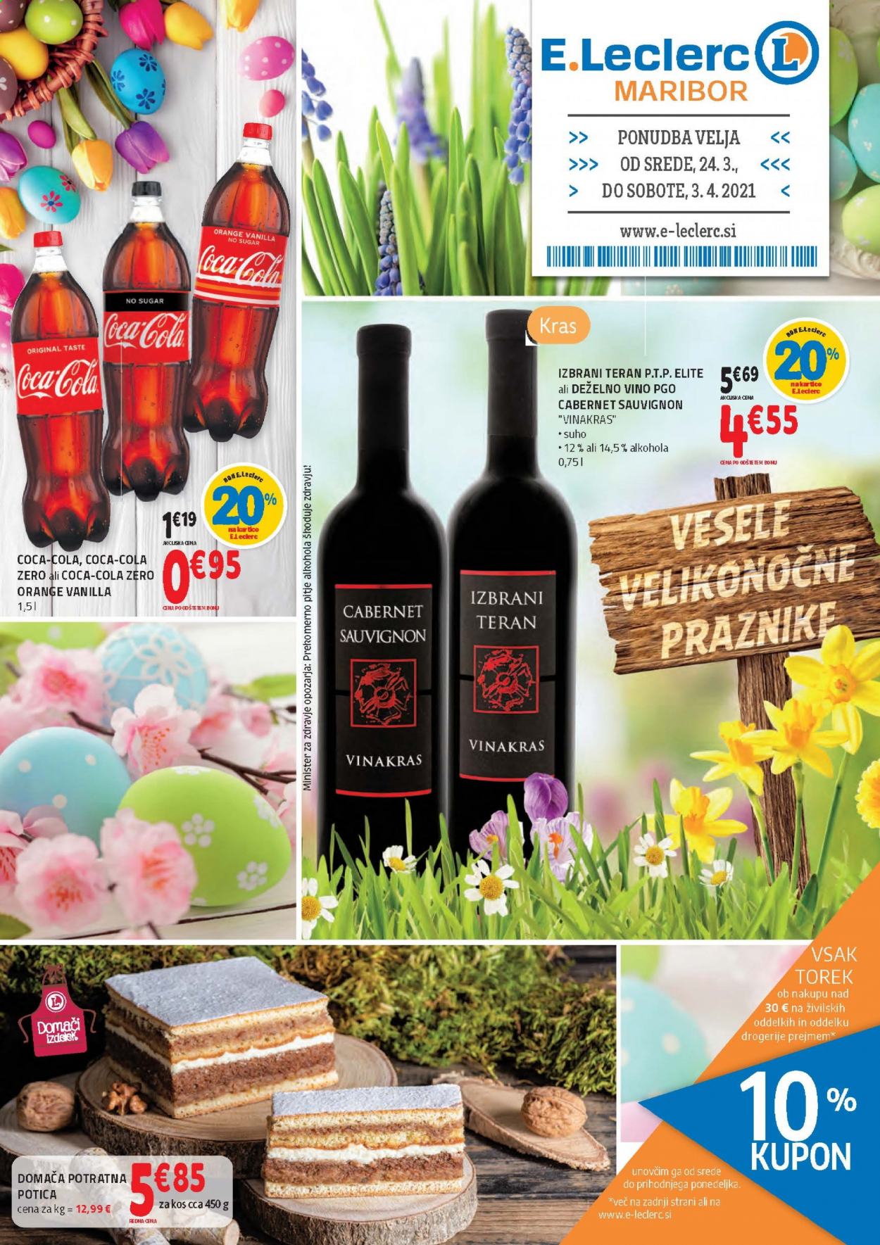 thumbnail - E.Leclerc katalog - 24.3.2021 - 3.4.2021 - Ponudba izdelkov - Coca-Cola, Sola, vino, Cabernet Sauvignon. Stran 1.