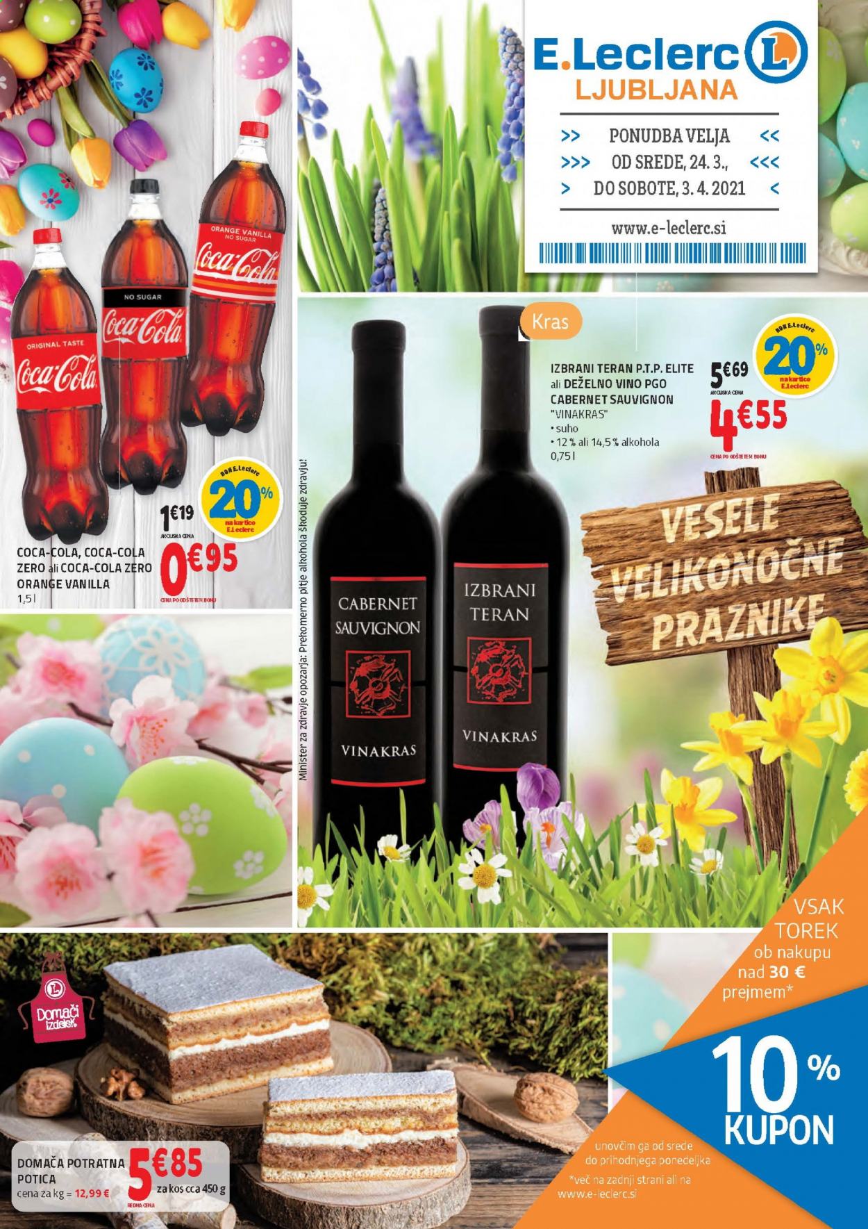 thumbnail - E.Leclerc katalog - 24.3.2021 - 4.4.2021 - Ponudba izdelkov - Coca-Cola, Sola, vino, Cabernet Sauvignon. Stran 1.