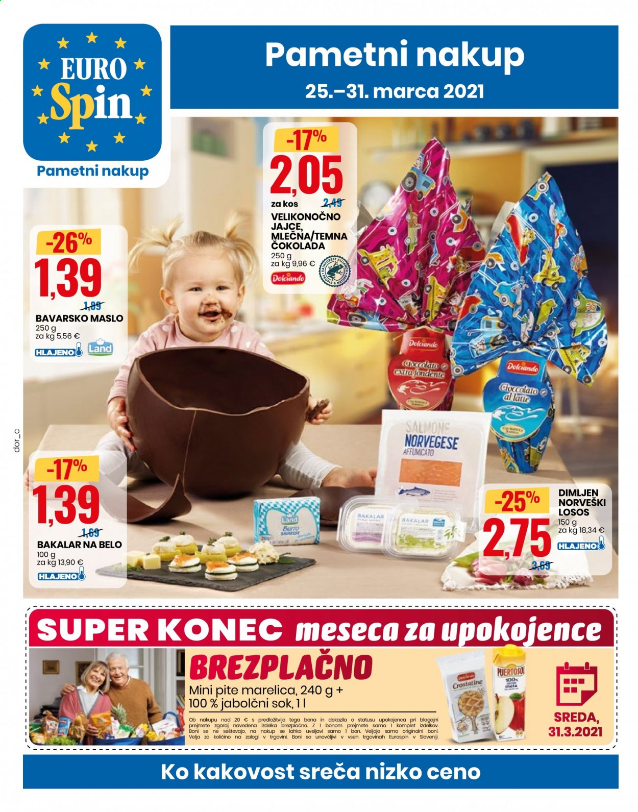 thumbnail - EuroSpin katalog - 25.3.2021 - 31.3.2021 - Ponudba izdelkov - sok, jabolčni sok, losos, maslo, čokolada, temna čokolada. Stran 1.