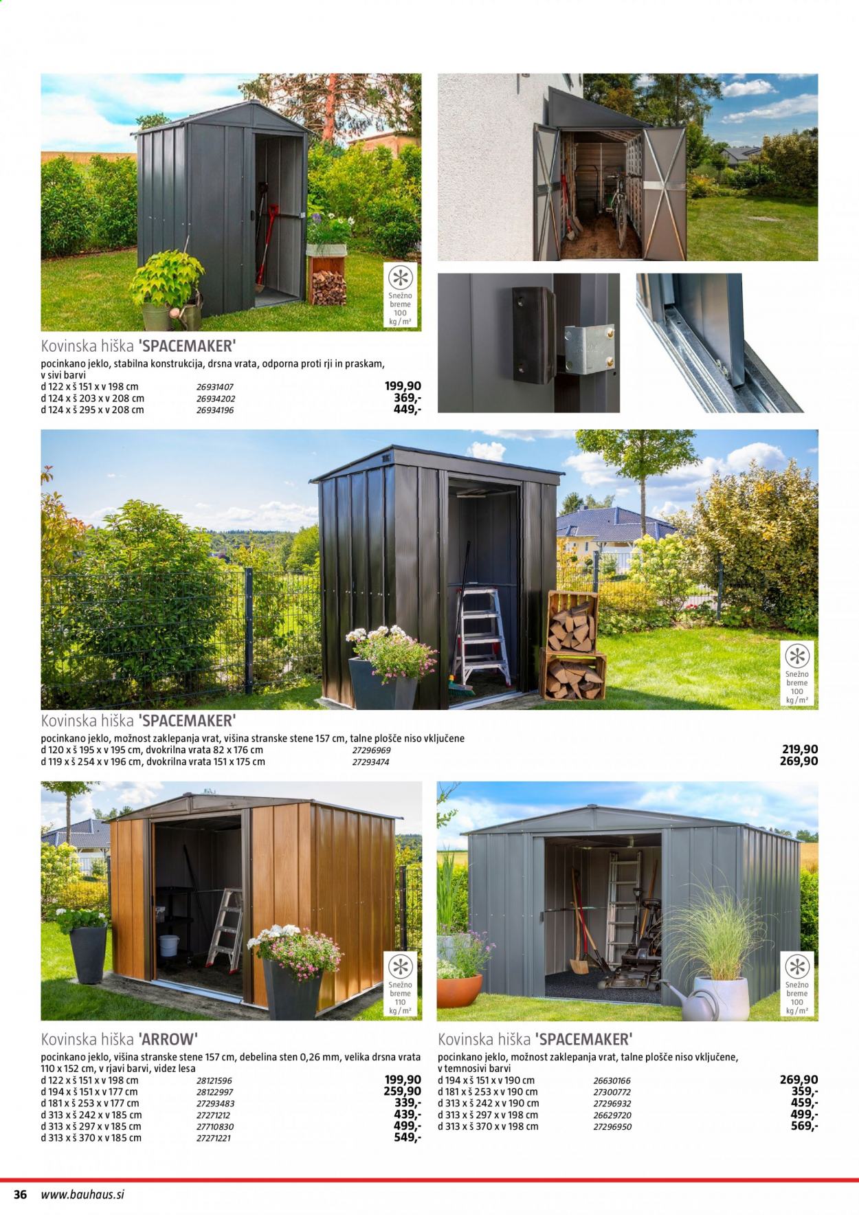 thumbnail - Bauhaus katalog - 2.4.2021 - 30.8.2021 - Ponudba izdelkov - talna plošča, vrata, kovinska hiška. Stran 36.