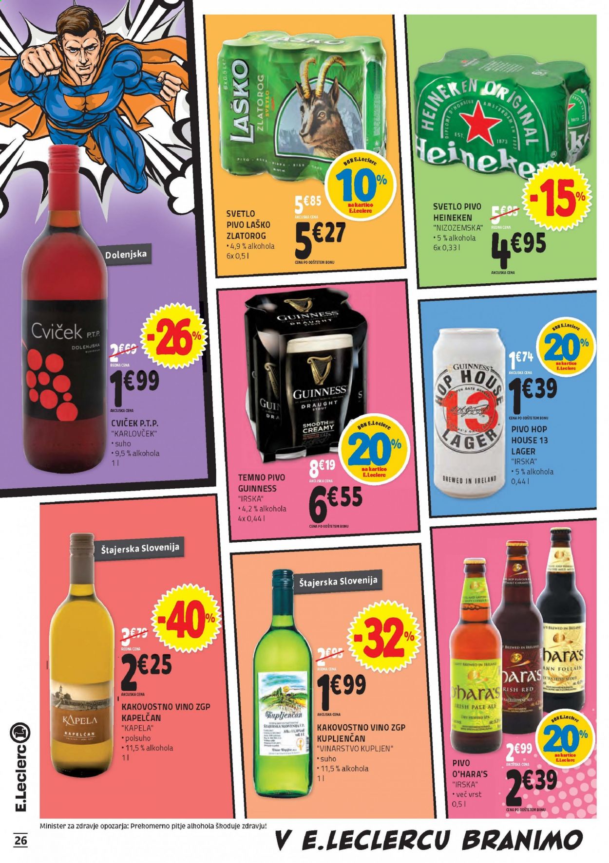thumbnail - E.Leclerc katalog - 7.4.2021 - 17.4.2021 - Ponudba izdelkov - Heineken, Laško Žlatorog, svetlo pivo, temno pivo, pivo, vino. Stran 26.