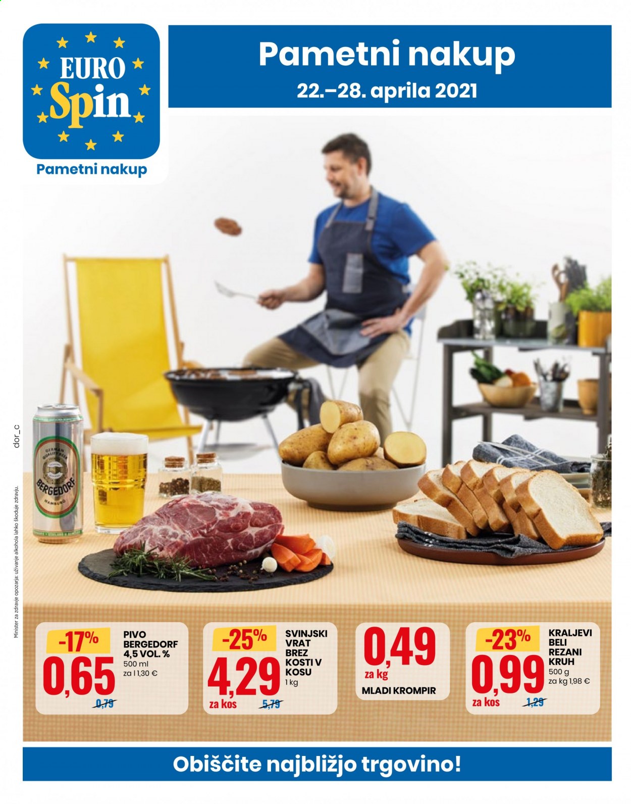 thumbnail - EuroSpin katalog - 22.4.2021 - 28.4.2021 - Ponudba izdelkov - svinjski vrat brez kosti, svinjski vrat, svinjsko meso, pivo, kruh, krompir, mladi krompir. Stran 1.