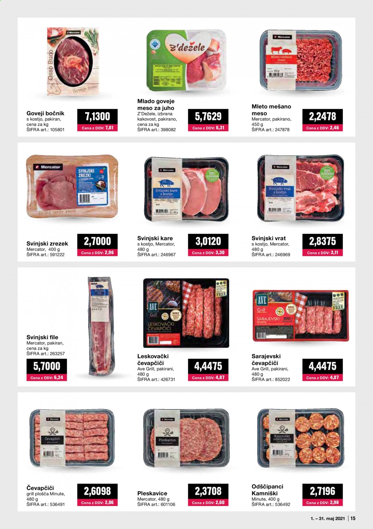 thumbnail - Mercator Cash & Carry katalog - 1.5.2021 - 31.5.2021 - Ponudba izdelkov - goveje meso, mlado goveje meso, čevapčiči, mleto meso, mleto mešano meso, pleskavice, kare, svinjski kare, svinjski vrat, svinjski vrat s kostjo, svinjsko meso. Stran 15.