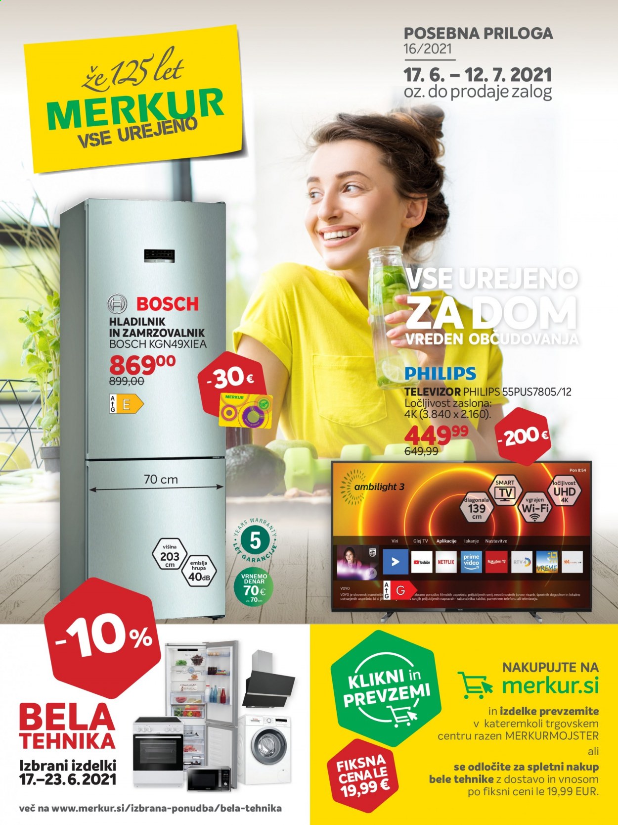 thumbnail - Merkur katalog - 17.6.2021 - 12.7.2021 - Ponudba izdelkov - Philips, televizor, Bosch, hladilnik. Stran 1.