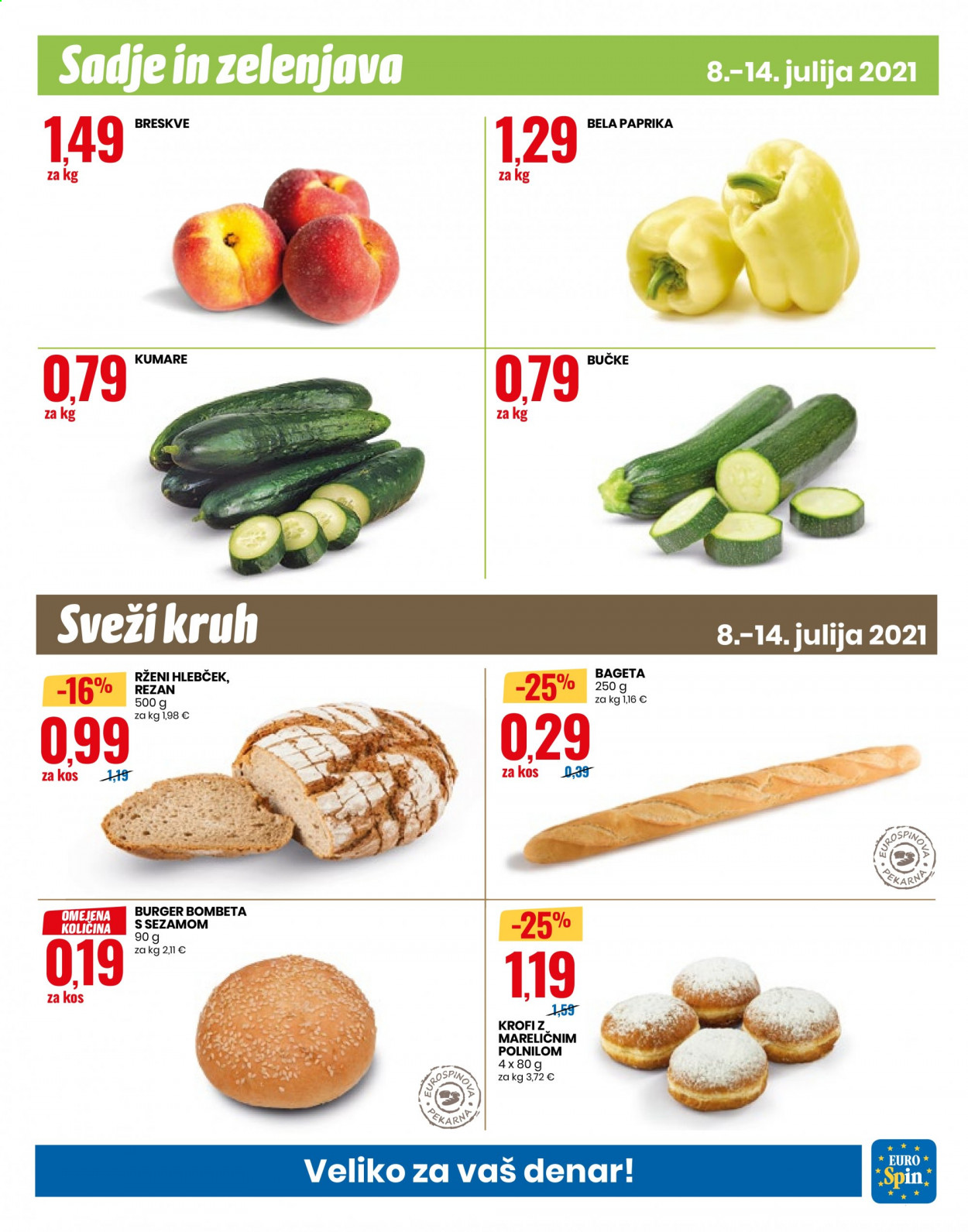 thumbnail - EuroSpin katalog - 8.7.2021 - 14.7.2021 - Ponudba izdelkov - burger, bageta, kruh, bela paprika, bučke, kumare, paprika. Stran 9.