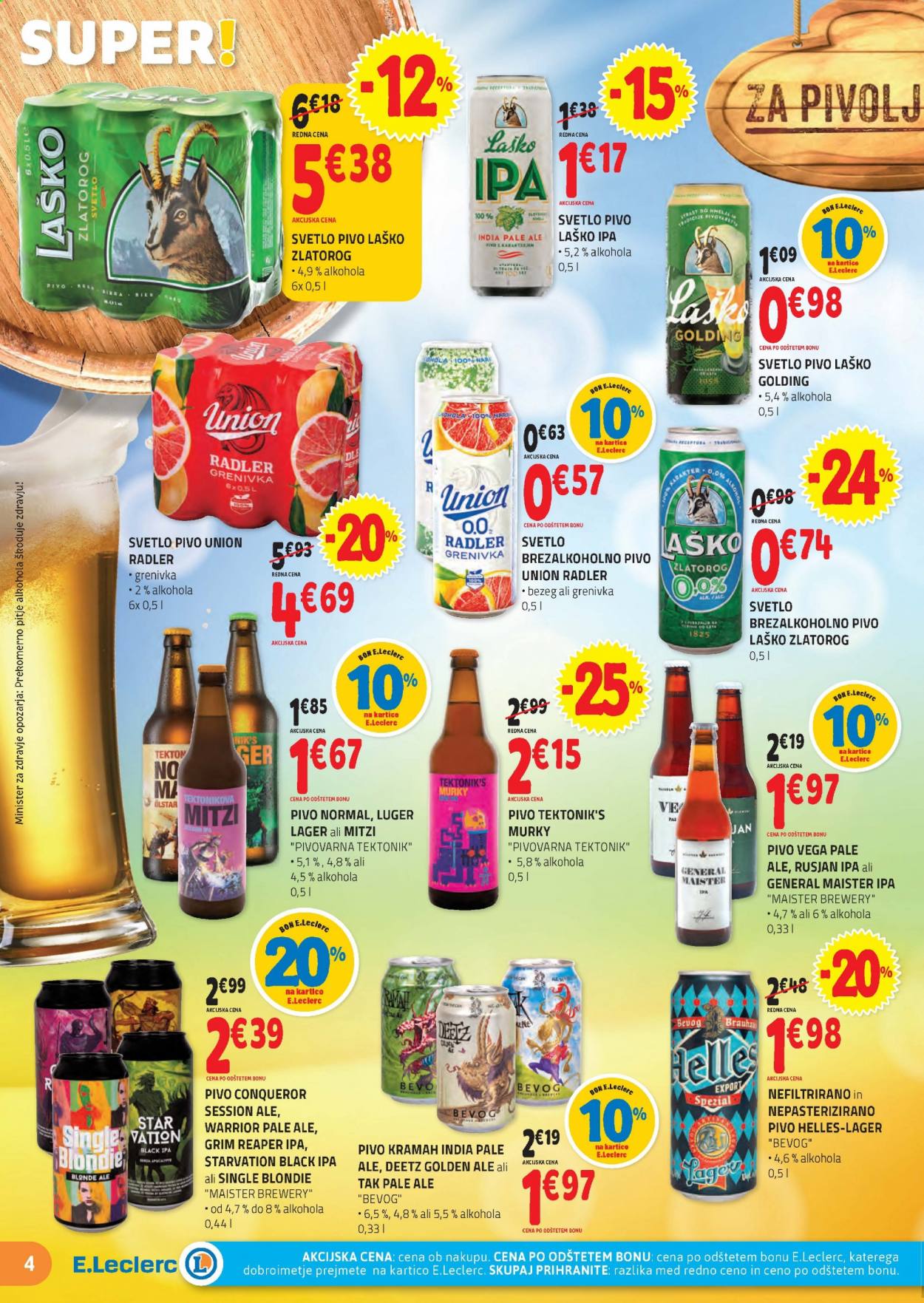 thumbnail - E.Leclerc katalog - 14.7.2021 - 24.7.2021 - Ponudba izdelkov - brezalkoholno pivo, Laško Žlatorog, radler, svetlo pivo, Union, pivo. Stran 4.