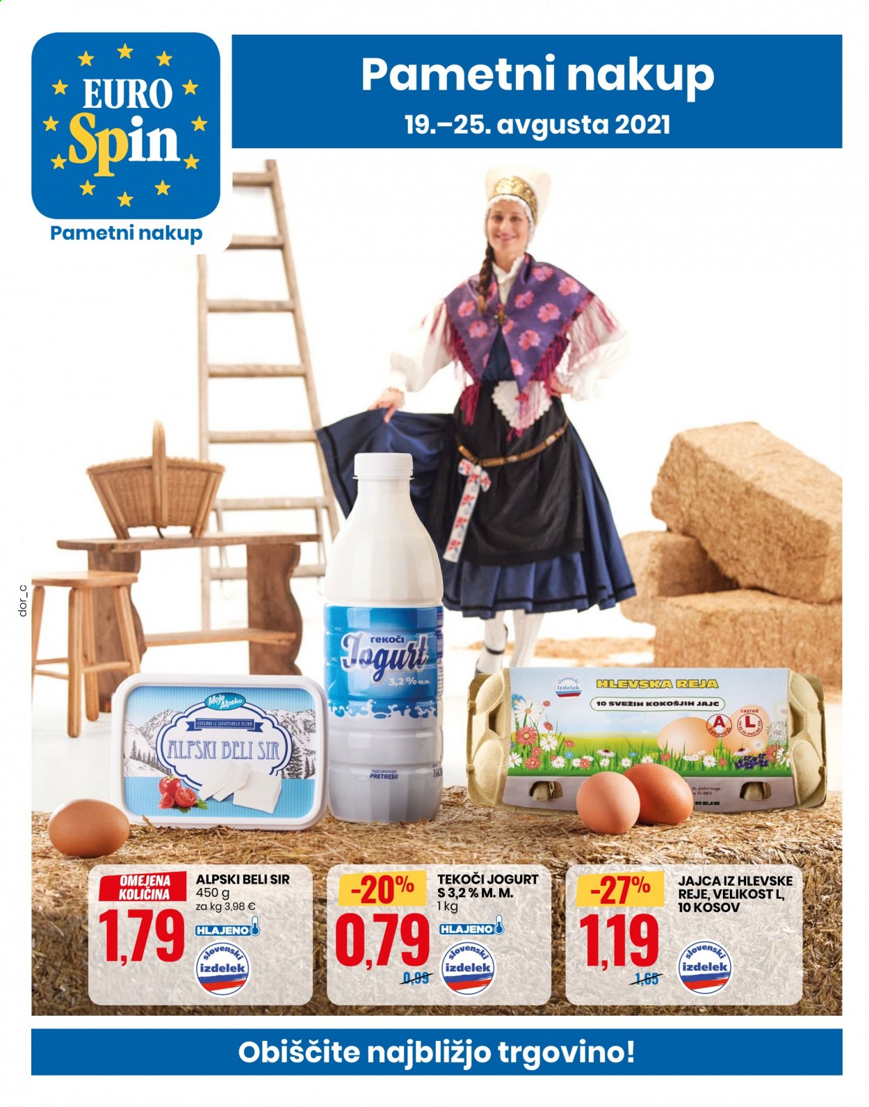thumbnail - EuroSpin katalog - 19.8.2021 - 25.8.2021 - Ponudba izdelkov - Alpski beli sir, beli sir, sir, jogurt, jajca. Stran 1.