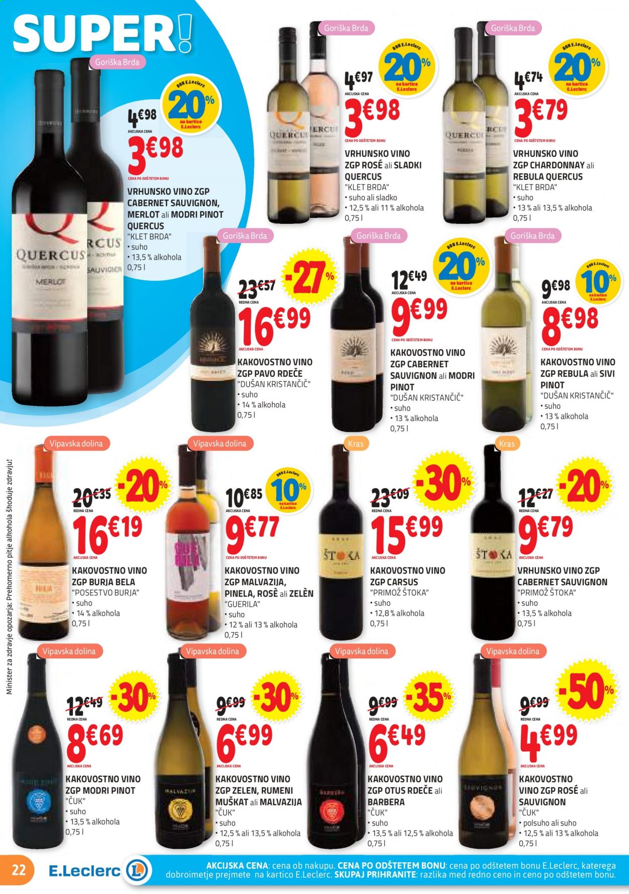 thumbnail - E.Leclerc katalog - 25.8.2021 - 4.9.2021 - Ponudba izdelkov - Chardonnay, Klet Brda, Muškat, pinot, sivi pinot, vino, Cabernet Sauvignon. Stran 22.