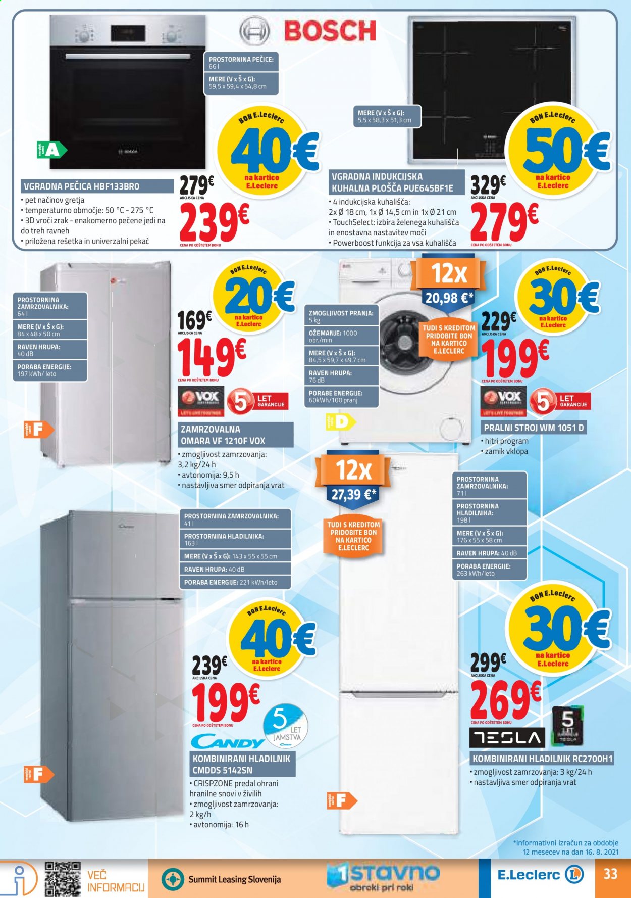 thumbnail - E.Leclerc katalog - 25.8.2021 - 4.9.2021 - Ponudba izdelkov - zamrzovalna omara, hladilnik, vgradna pečica, pralni stroj. Stran 33.