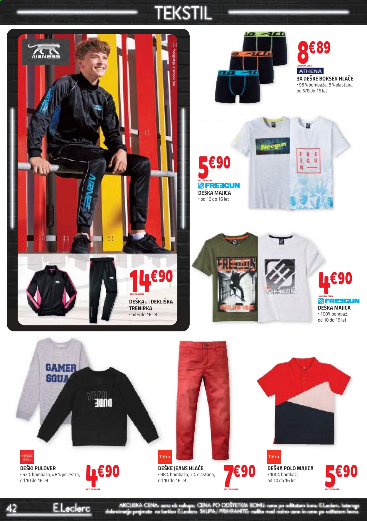 thumbnail - E.Leclerc katalog - 25.8.2021 - 4.9.2021 - Ponudba izdelkov - hlače, majica, polo, pulover. Stran 42.