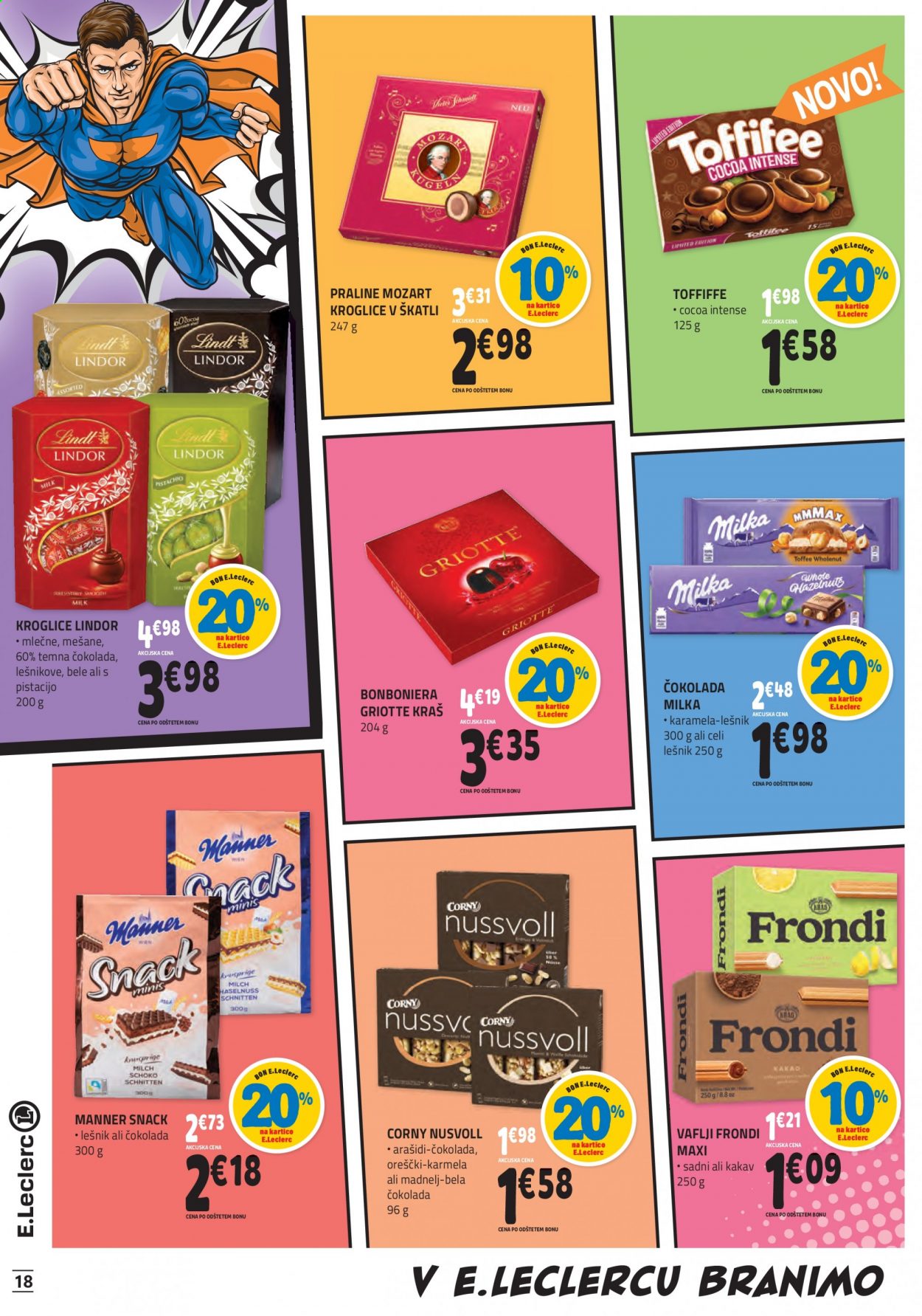 thumbnail - E.Leclerc katalog - 1.9.2021 - 11.9.2021 - Ponudba izdelkov - Manner, Milka, čokolada, temna čokolada, arašidi. Stran 18.