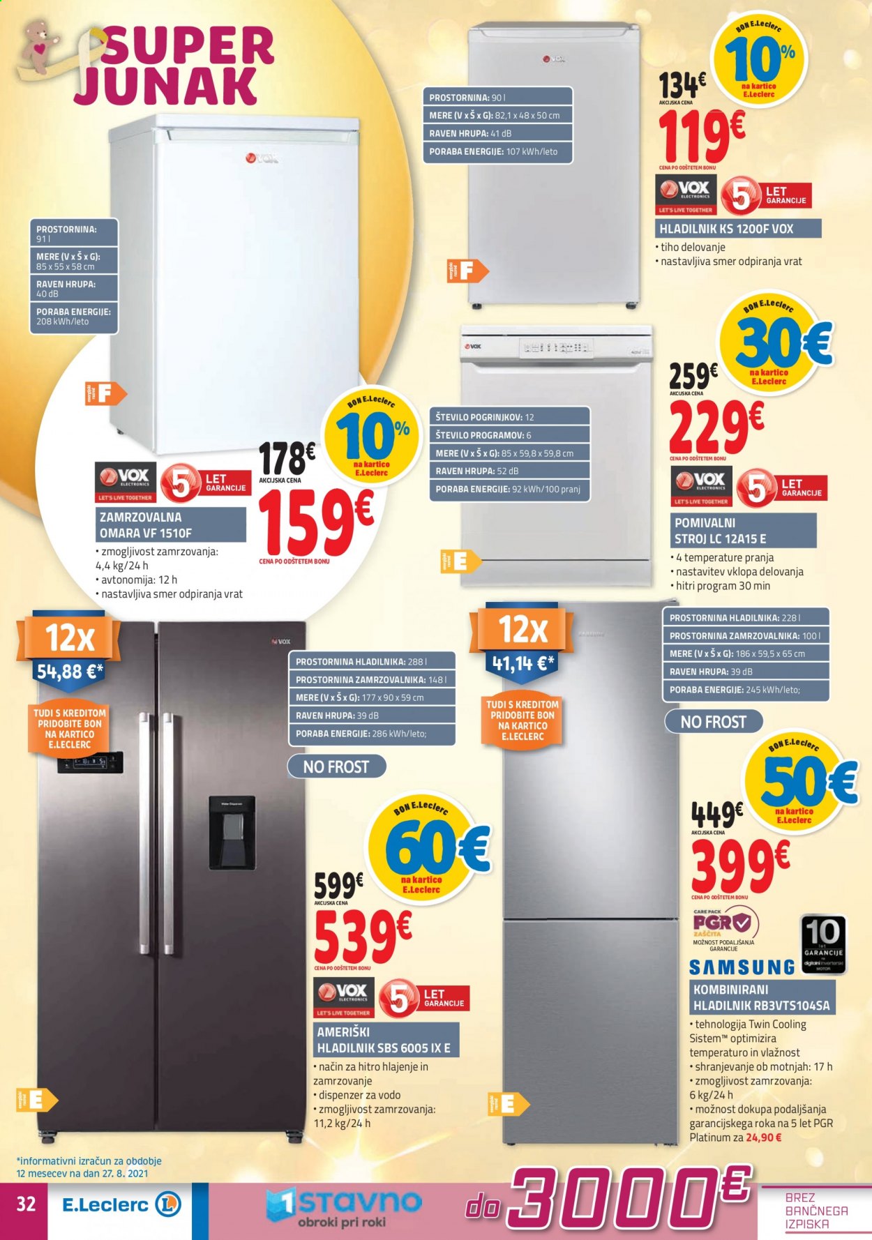 thumbnail - E.Leclerc katalog - 8.9.2021 - 18.9.2021 - Ponudba izdelkov - ameriški hladilnik, zamrzovalna omara, hladilnik, pomivalni stroj. Stran 32.