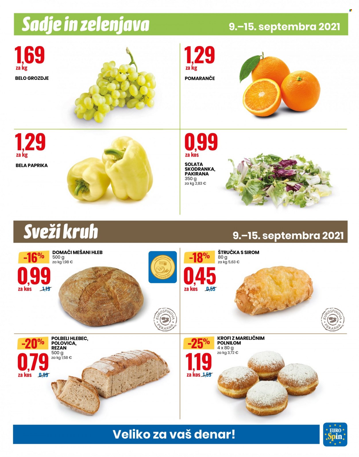 thumbnail - EuroSpin katalog - 9.9.2021 - 15.9.2021 - Ponudba izdelkov - belo grozdje, grozdje, pomaranče, kruh, štručka, bela paprika, paprika, solata. Stran 9.