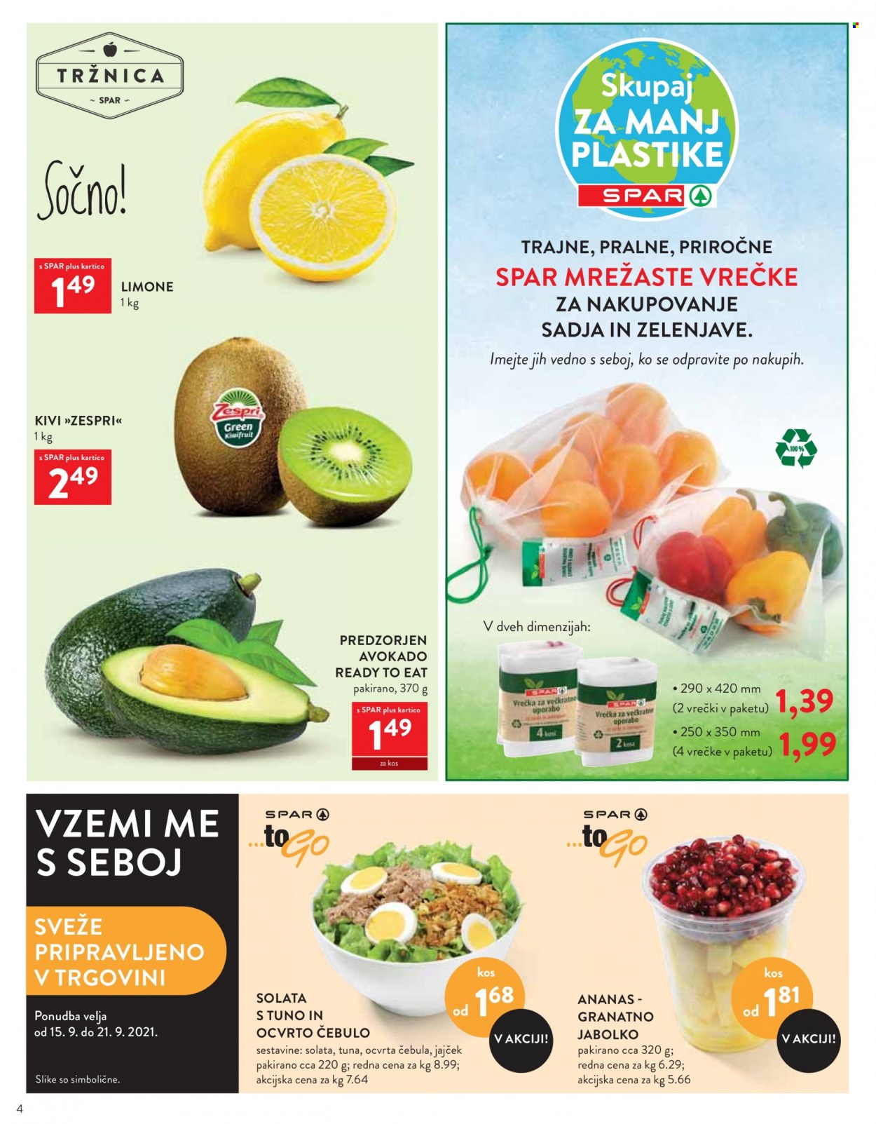 thumbnail - SPAR katalog - 15.9.2021 - 28.9.2021 - Ponudba izdelkov - ananas, kivi, limona, avokado, vrečke. Stran 4.