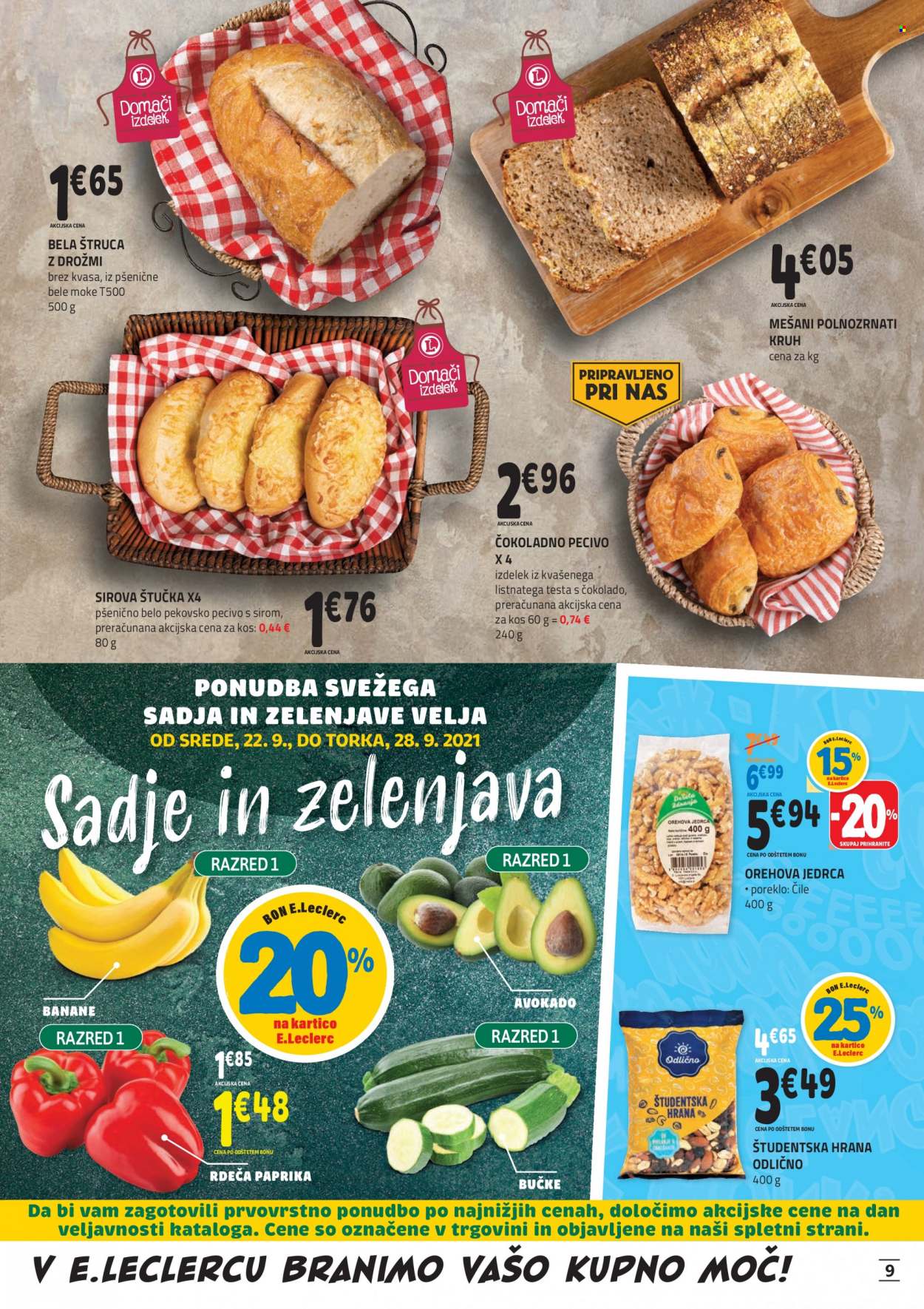 thumbnail - E.Leclerc katalog - 22.9.2021 - 2.10.2021 - Ponudba izdelkov - kruh, pecivo, štručka, avokado, bučke, paprika, rdeča paprika, orehova jedrca. Stran 9.