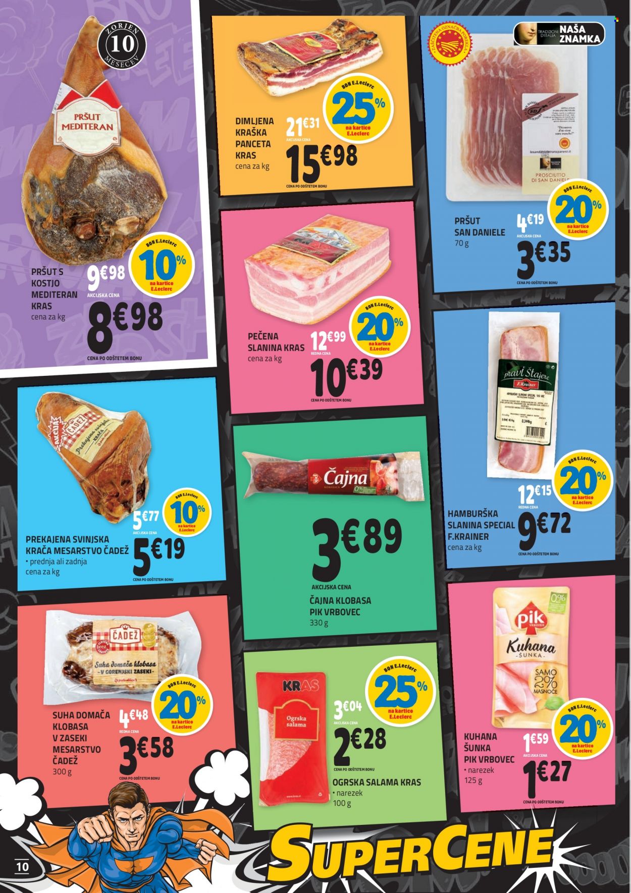 thumbnail - E.Leclerc katalog - 22.9.2021 - 2.10.2021 - Ponudba izdelkov - hamburška slanina, klobasa, ogrska salama, pršut, pršut s kostjo, salama, slanina, šunka. Stran 10.