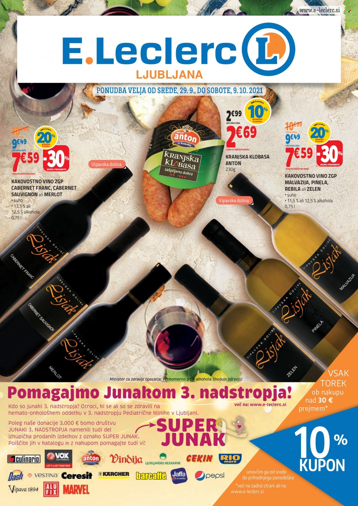 thumbnail - E.Leclerc katalog - 29.9.2021 - 9.10.2021 - Ponudba izdelkov - vino, Cabernet Sauvignon, klobasa. Stran 1.