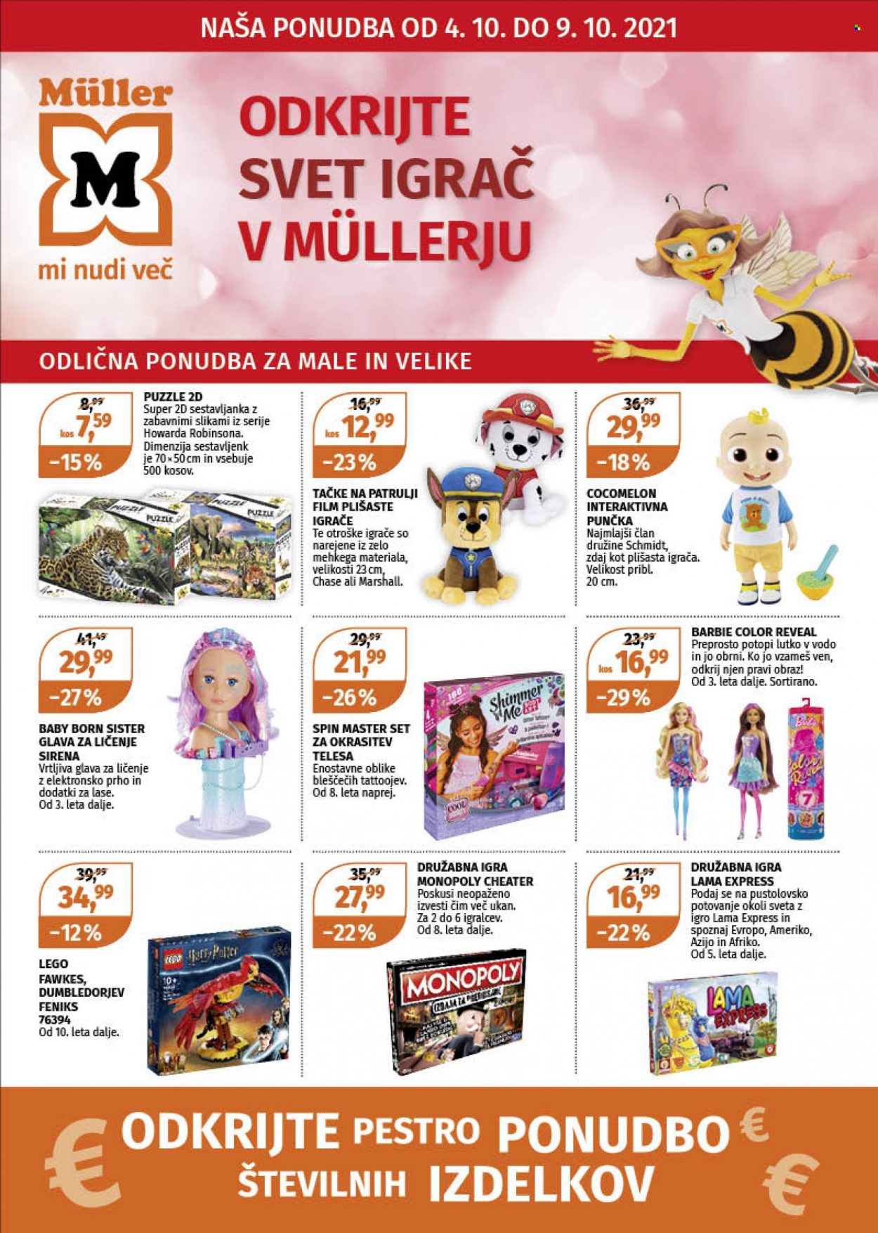 thumbnail - Müller katalog - 4.10.2021 - 9.10.2021 - Ponudba izdelkov - Baby Born, Barbie, LEGO, punčka, igrače, Monopoly. Stran 1.