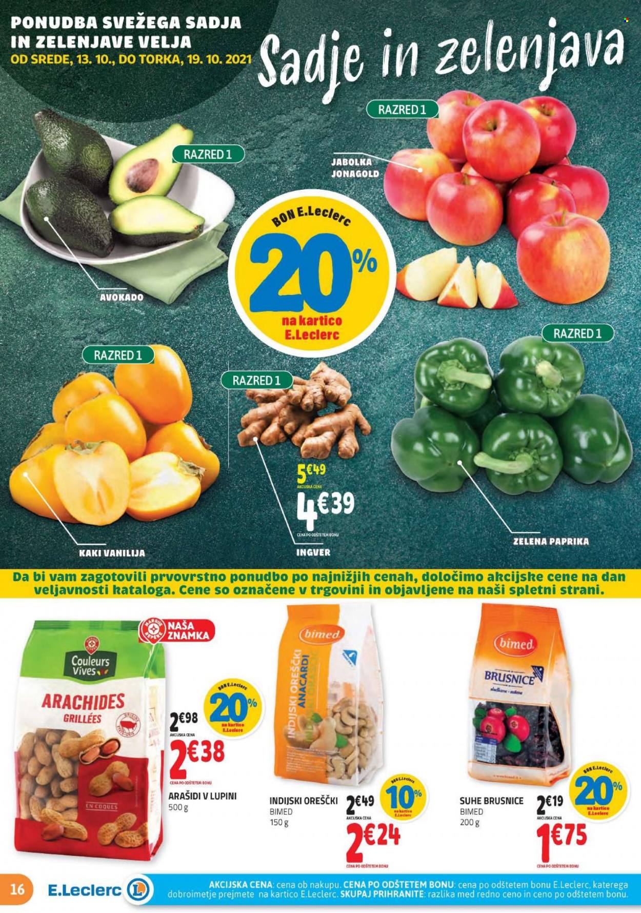 thumbnail - E.Leclerc katalog - 13.10.2021 - 23.10.2021 - Ponudba izdelkov - jabolka, jabolka jonagold, avokado, zelena paprika, arašidi. Stran 16.