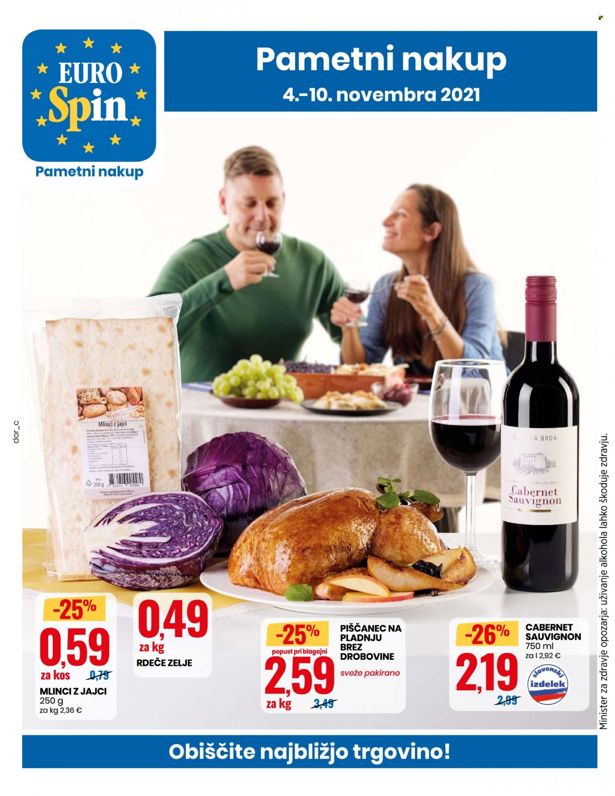 thumbnail - EuroSpin katalog - 4.11.2021 - 10.11.2021 - Ponudba izdelkov - piščanec, piščančje meso, vino, Cabernet Sauvignon. Stran 1.