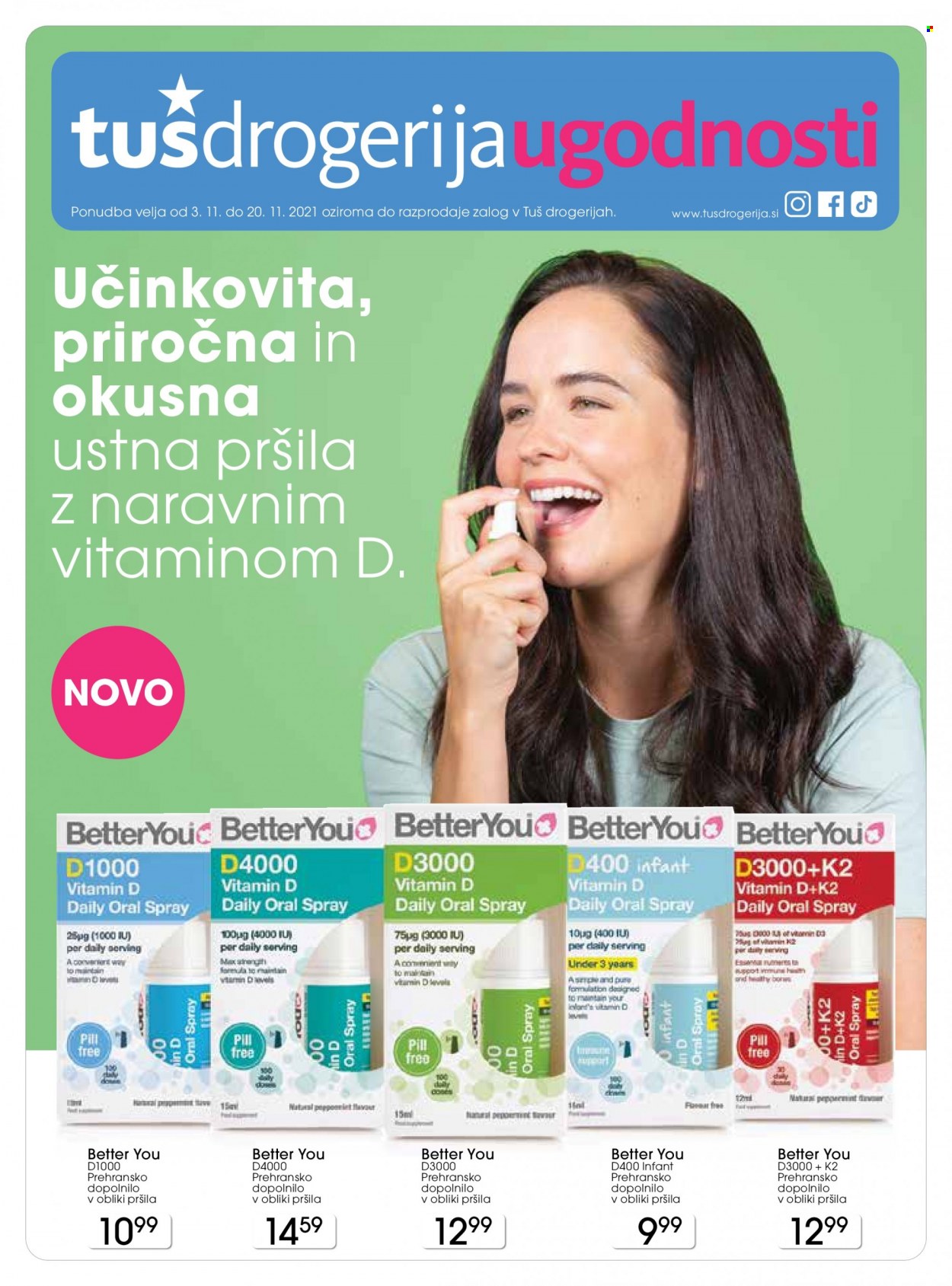 thumbnail - Tuš Drogeria katalog - 3.11.2021 - 20.11.2021 - Ponudba izdelkov - Better You, vitamin D. Stran 1.