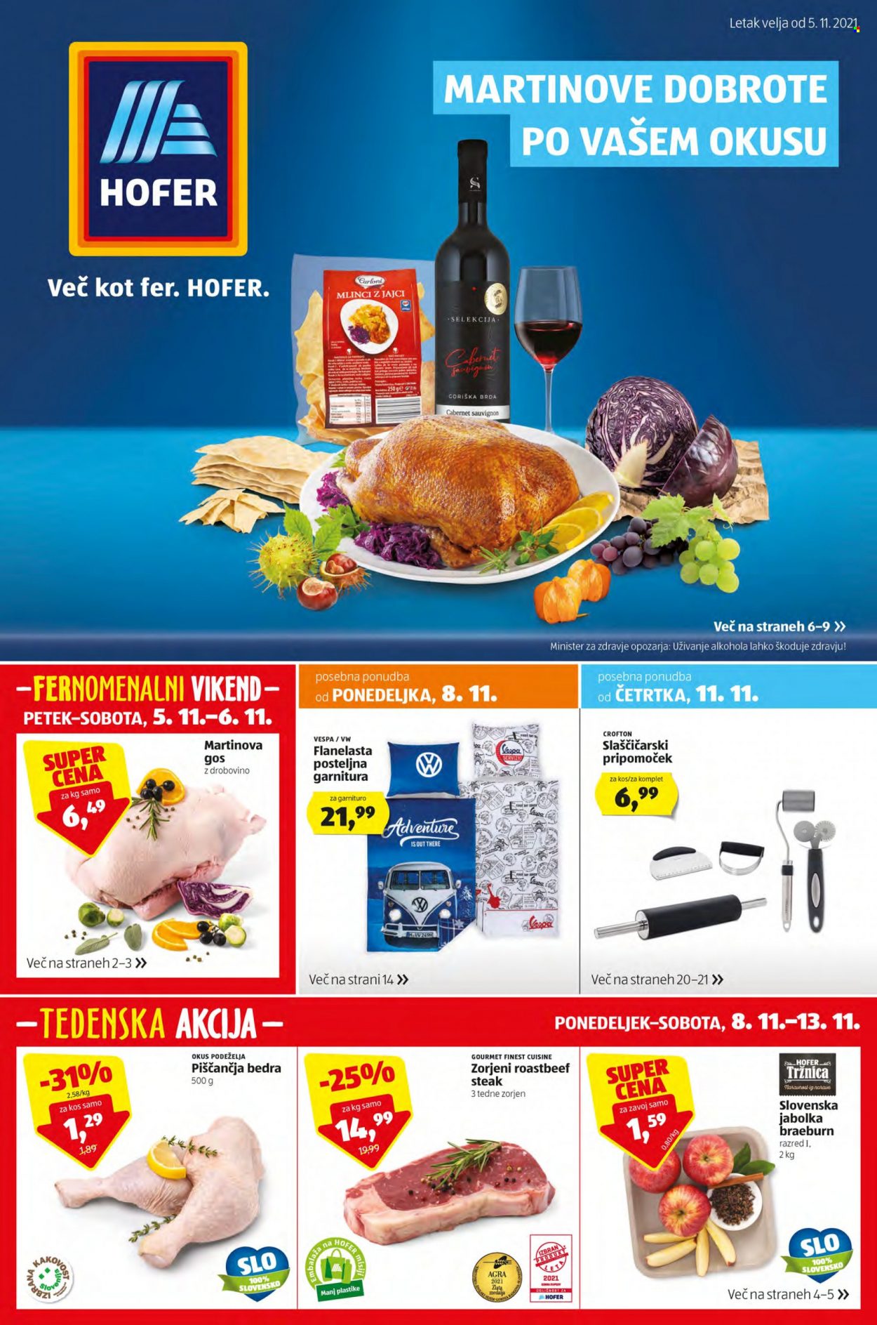 Hofer katalog - 05.11.2021 - 13.11.2021 - Ponudba izdelkov - jabolka, piščančja bedra, sauvignon, steak. Stran 1.