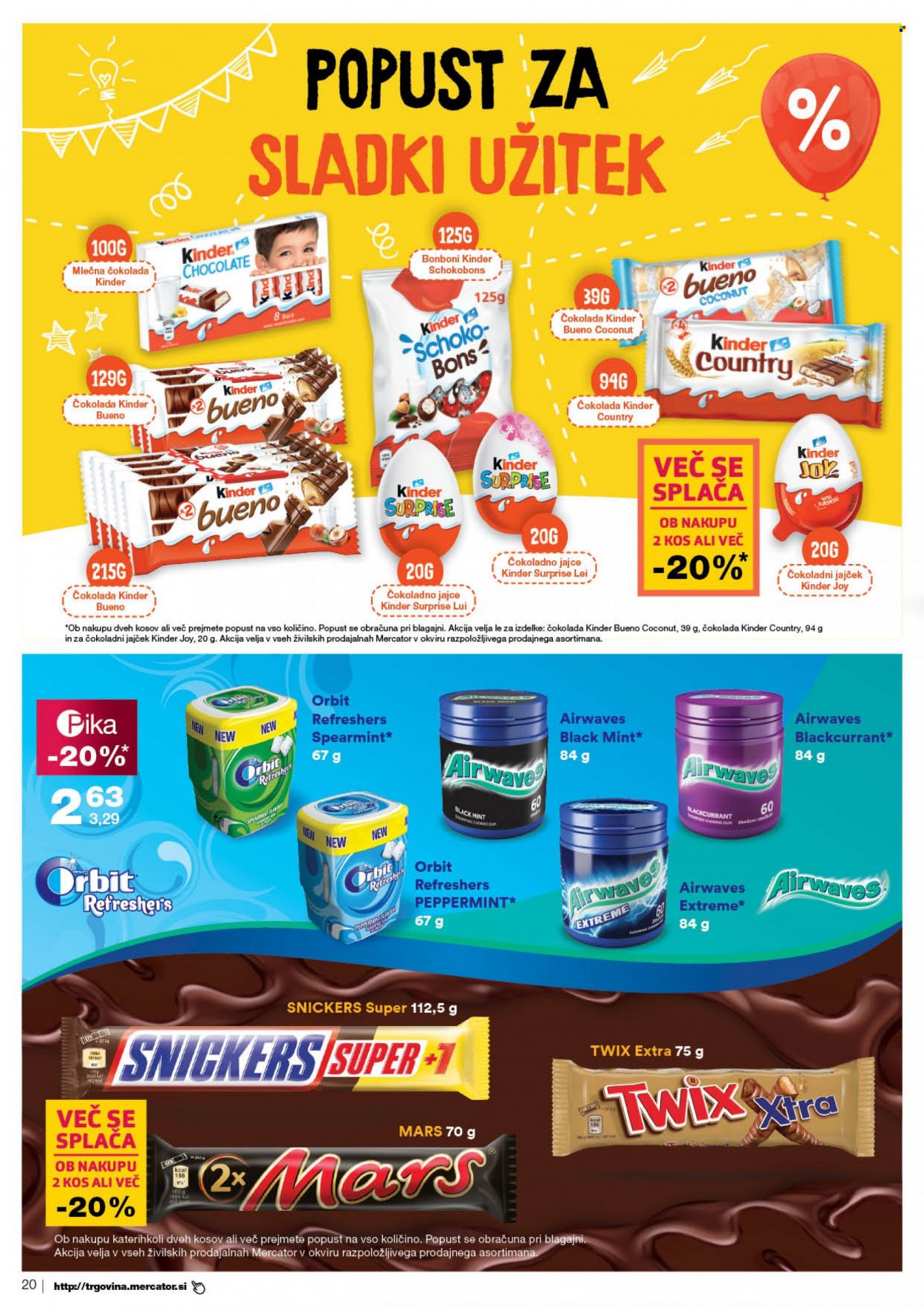 thumbnail - Mercator katalog - 11.11.2021 - 17.11.2021 - Ponudba izdelkov - bonboni, čokolada, čokoladno jajce, Kinder Surprise, mlečna čokolada. Stran 20.