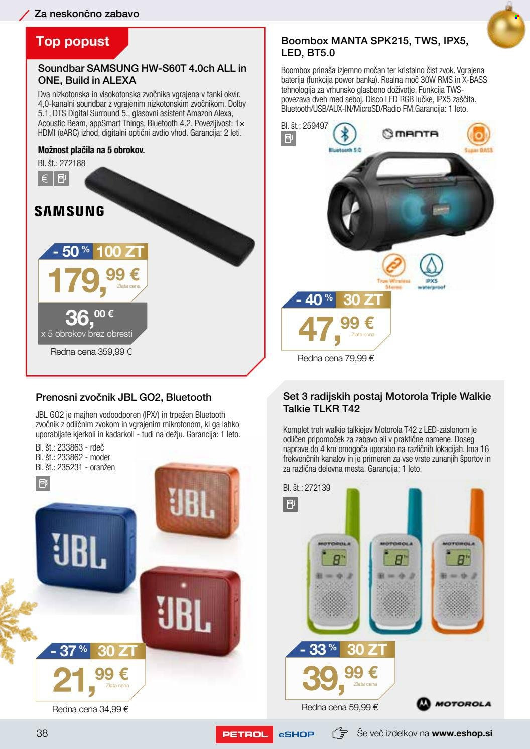 thumbnail - Petrol katalog - 11.11.2021 - 31.1.2022 - Ponudba izdelkov - JBL, Samsung, Motorola. Stran 38.