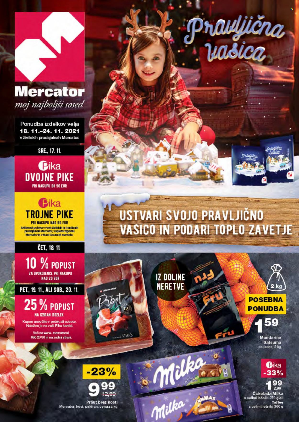 thumbnail - Mercator katalog - 18.11.2021 - 24.11.2021 - Ponudba izdelkov - Milka, pršut, čokolada. Stran 1.