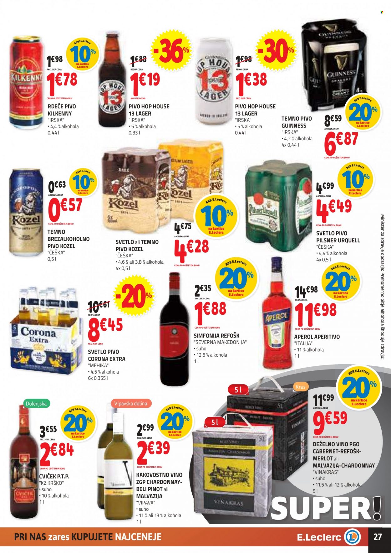 thumbnail - E.Leclerc katalog - 17.11.2021 - 27.11.2021 - Ponudba izdelkov - brezalkoholno pivo, Kozel, Pilsner Urquell, rdeče pivo, svetlo pivo, temno pivo, pivo, Chardonnay, pinot, vino. Stran 27.